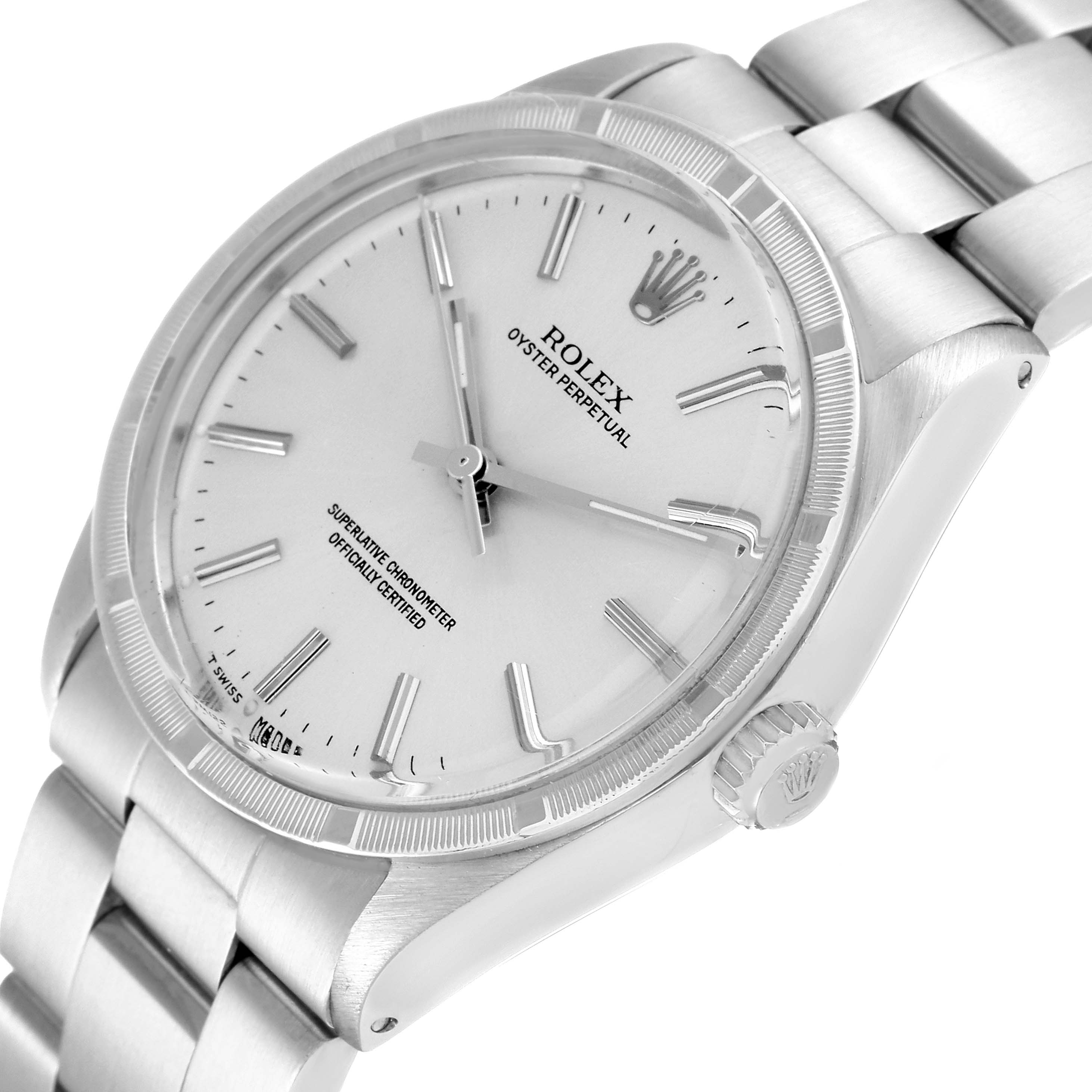 The image shows the face, crown, and bracelet of a Rolex Vintage Collection 1007 Men's Stainless Steel Silver Dial 1007 Men's Stainless Steel Silver Dial Oyster Perpetual watch at a slight angle.