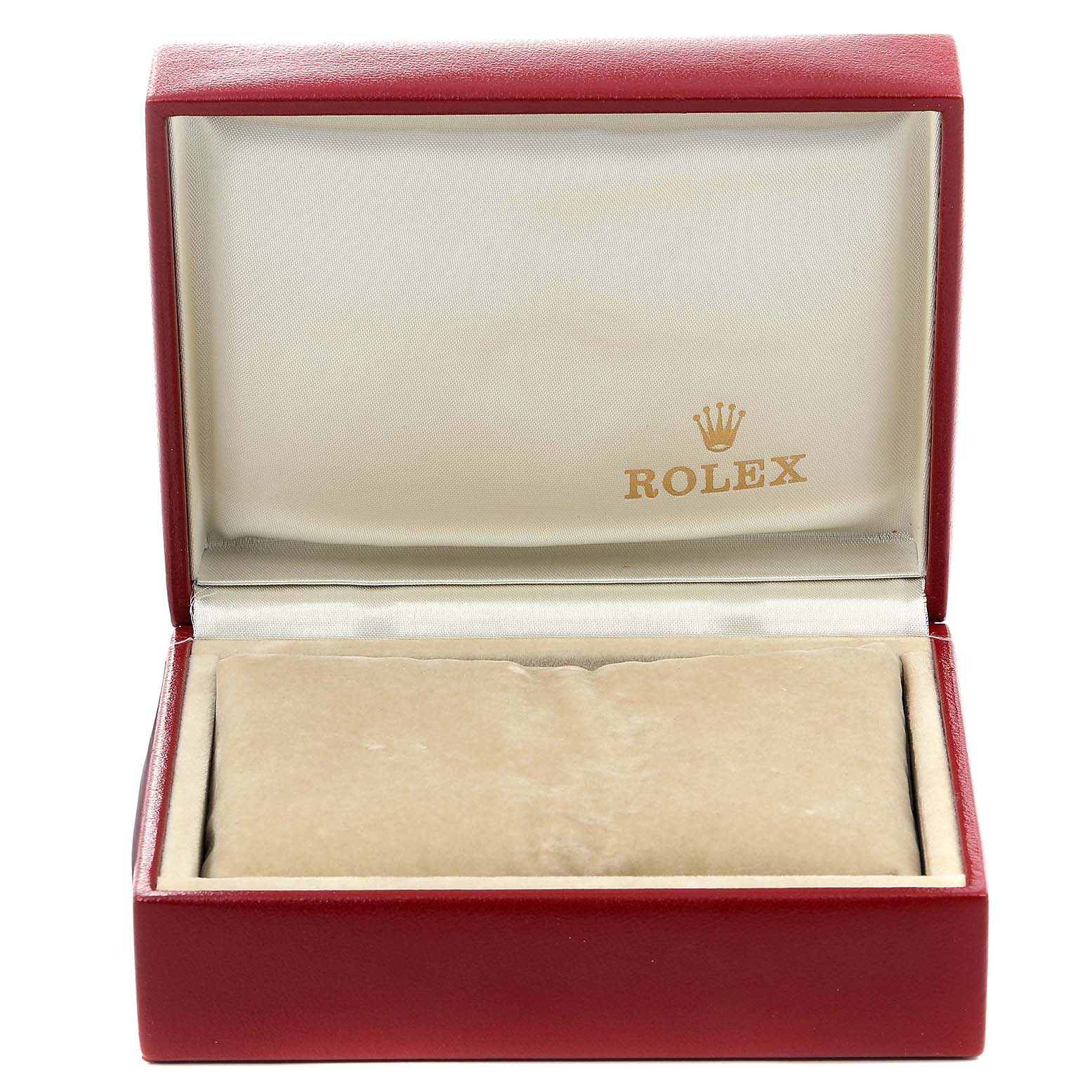 The image shows a red and beige Rolex watch box angled directly from the front, with the interior clearly visible.