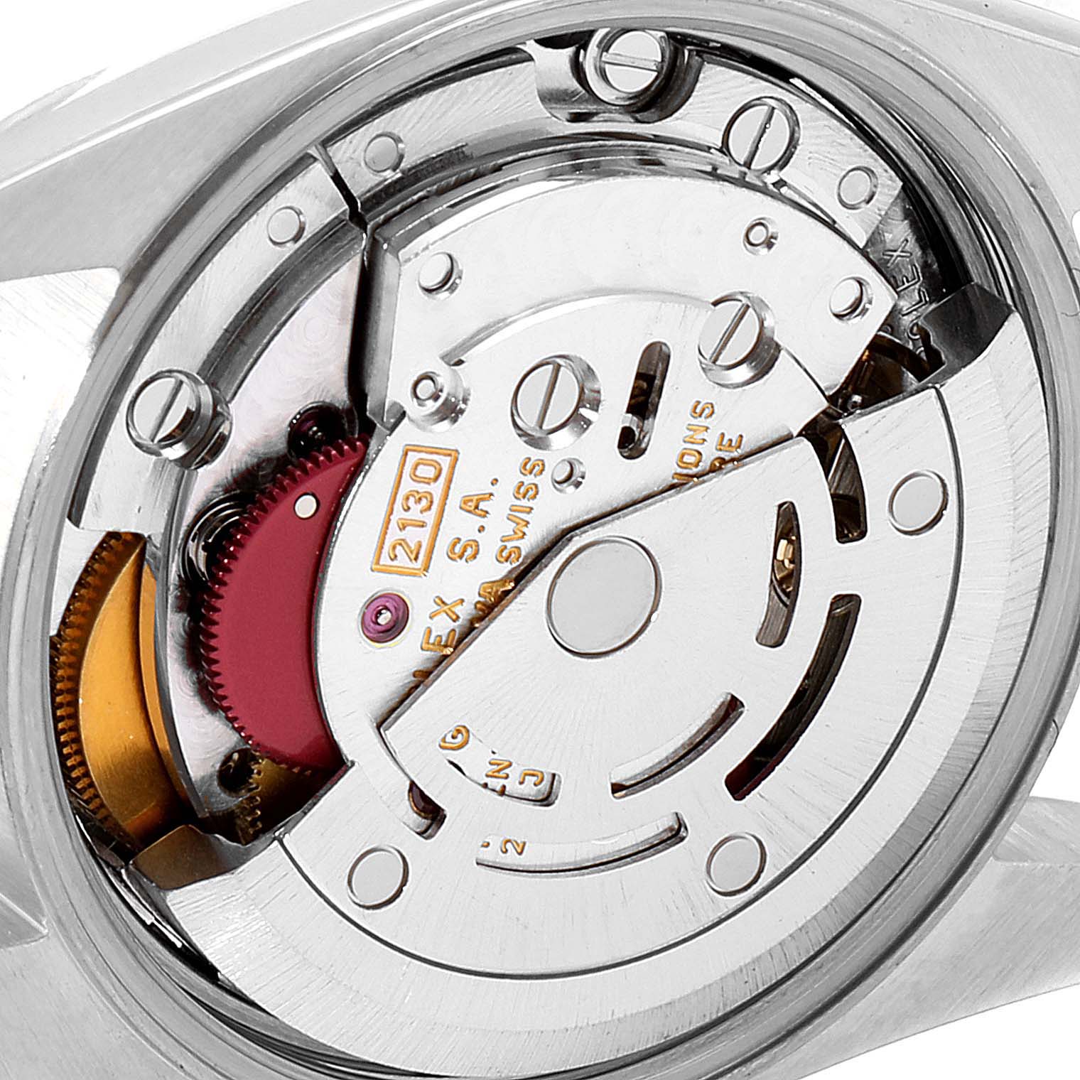 The image shows the inner mechanical movement parts of the Rolex Oyster Perpetual 67193 Women's Steel and Gold (two tone) Champagne Dial 67193 Women's Steel and Gold (two tone) Champagne Dial watch at a close-up angle.