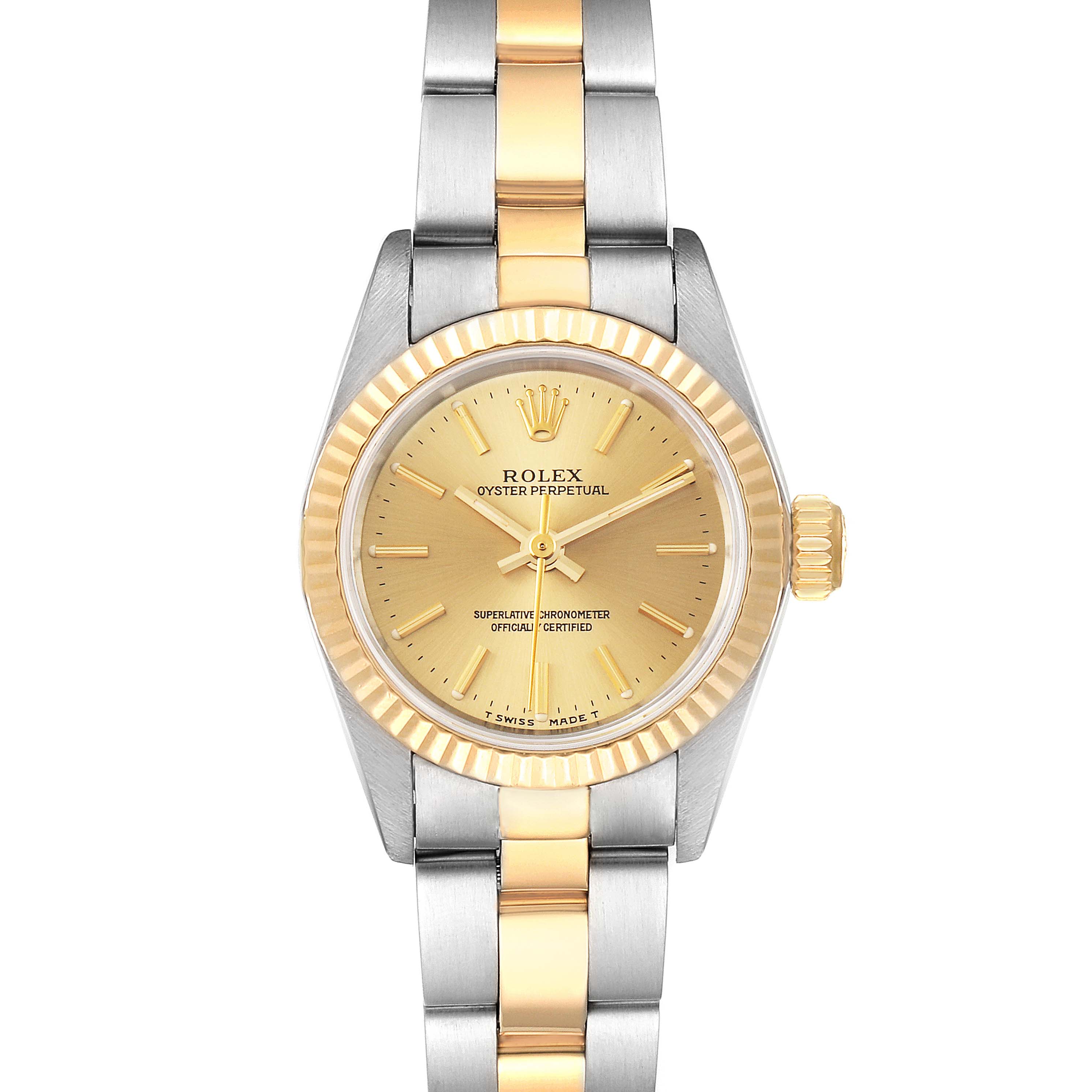 The image shows a front view of a Rolex Oyster Perpetual 67193 Women's Steel and Gold (two tone) Champagne Dial 67193 Women's Steel and Gold (two tone) Champagne Dial watch, highlighting the dial, bezel, crown, and two-tone bracelet.