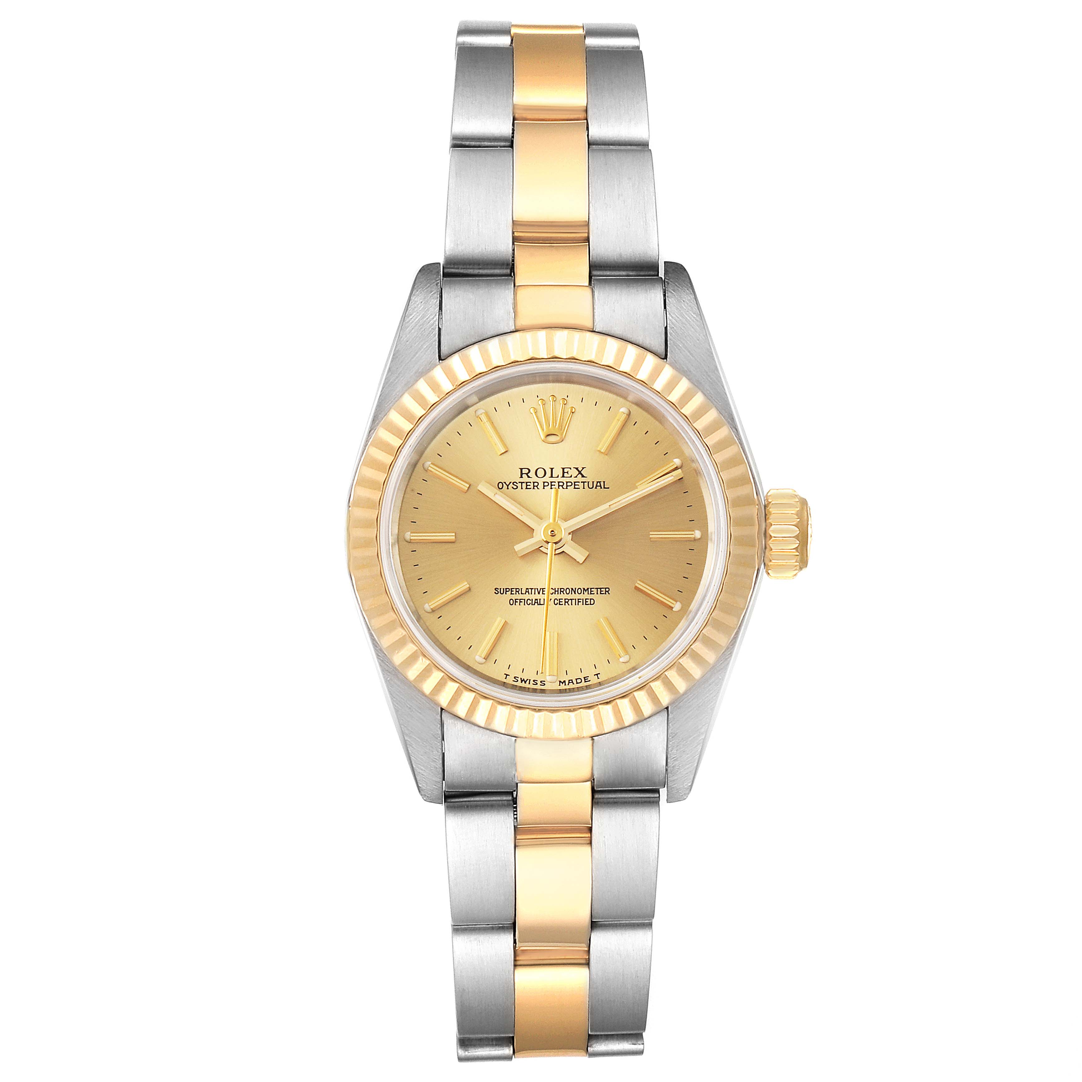 The image shows a Rolex Oyster Perpetual 67193 Women's Steel and Gold (two tone) Champagne Dial 67193 Women's Steel and Gold (two tone) Champagne Dial watch from a top-down angle, highlighting the gold and silver bracelet, bezel, and dial.