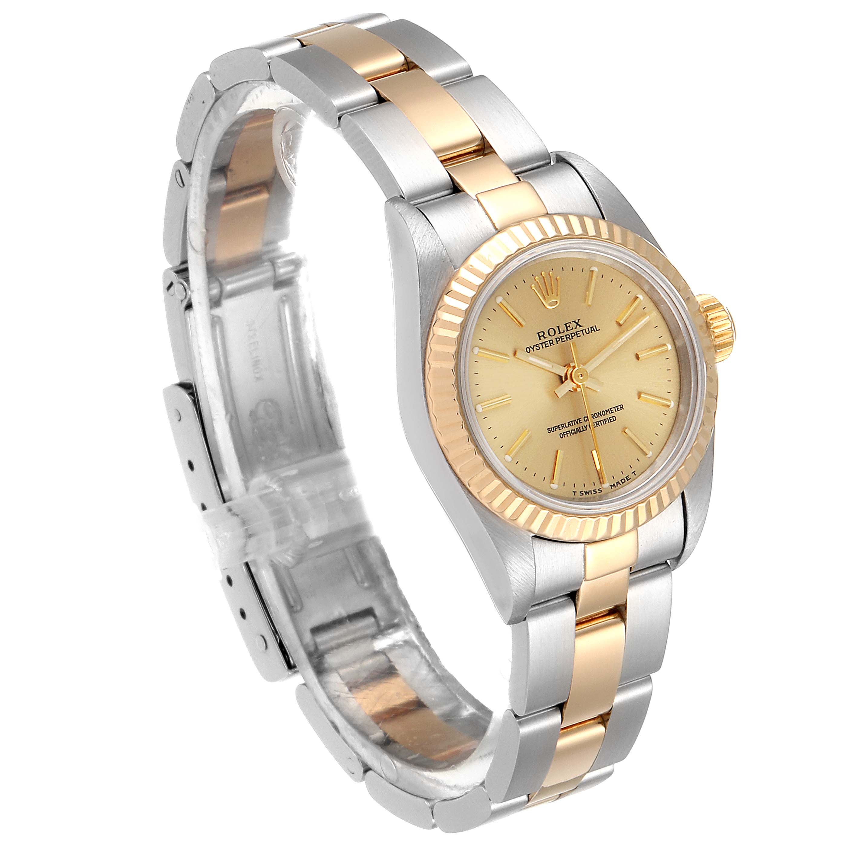 The Rolex Oyster Perpetual 67193 Women's Steel and Gold (two tone) Champagne Dial 67193 Women's Steel and Gold (two tone) Champagne Dial watch is shown at an angle highlighting the face, bezel, and bracelet.