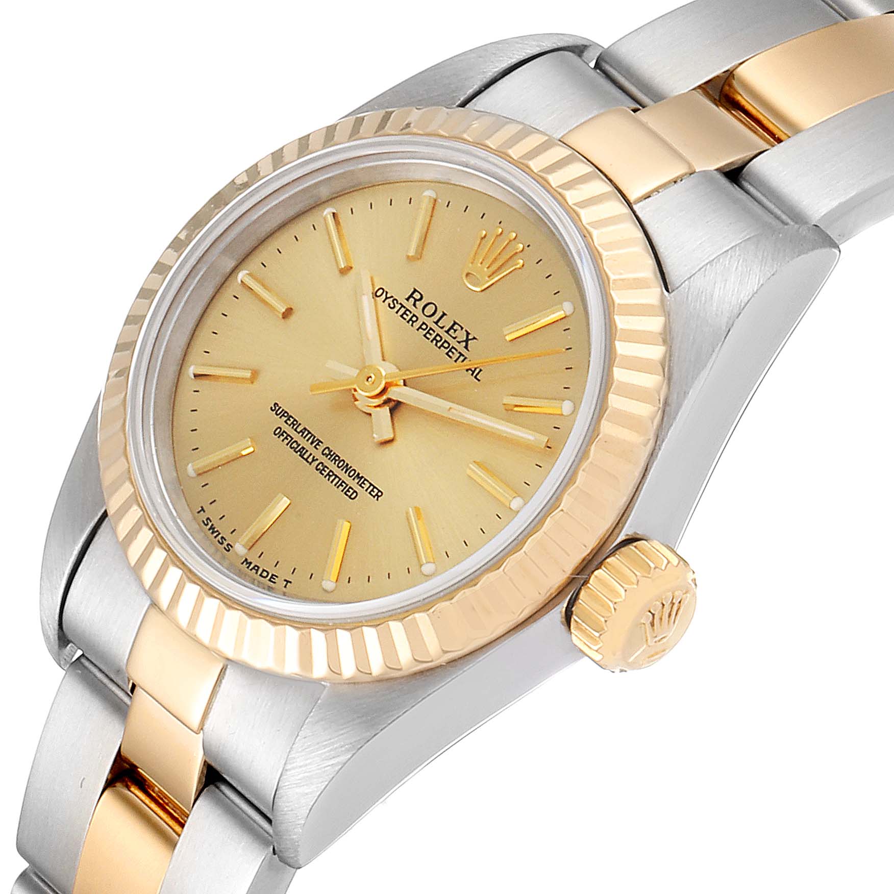 The Rolex Oyster Perpetual 67193 Women's Steel and Gold (two tone) Champagne Dial 67193 Women's Steel and Gold (two tone) Champagne Dial watch is shown from an angle highlighting the face, bezel, crown, and part of the bracelet.