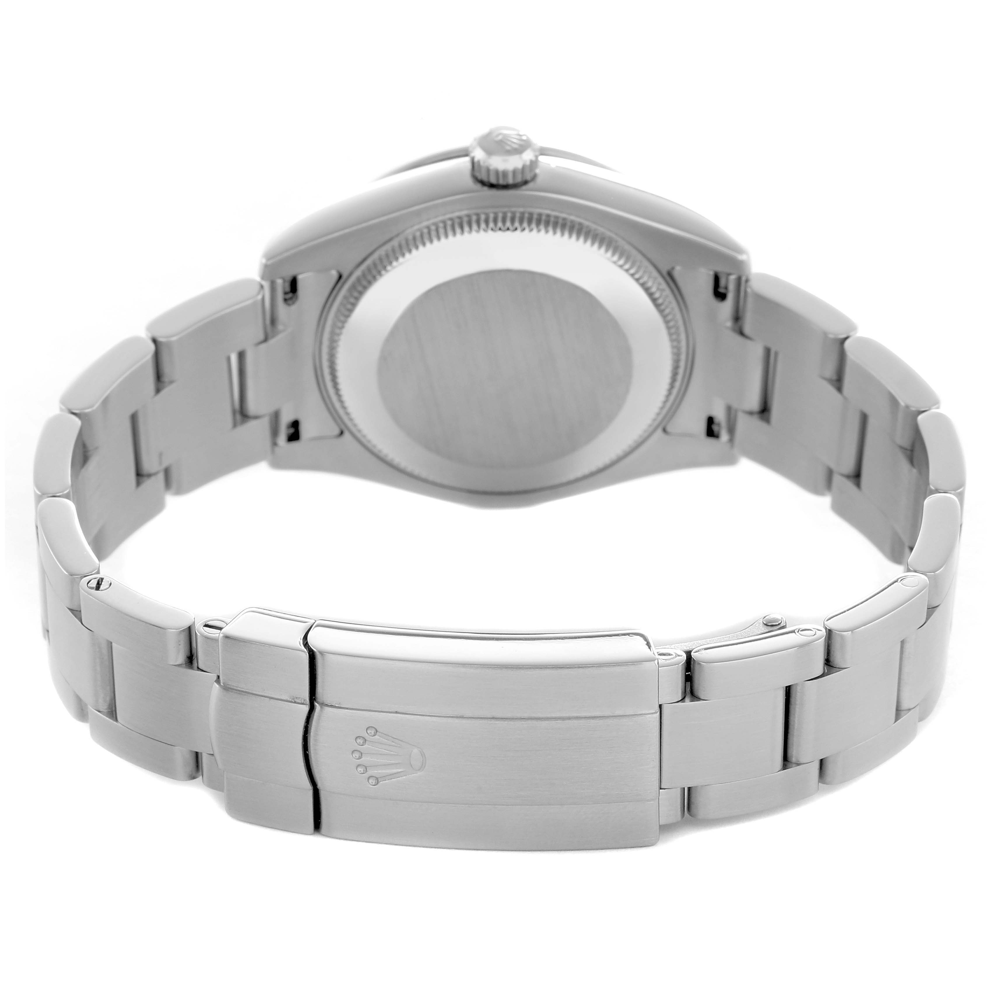 The Rolex Oyster Perpetual 177200 Women's Stainless Steel White Dial watch is shown from the back, highlighting the case back, crown, and bracelet clasp.