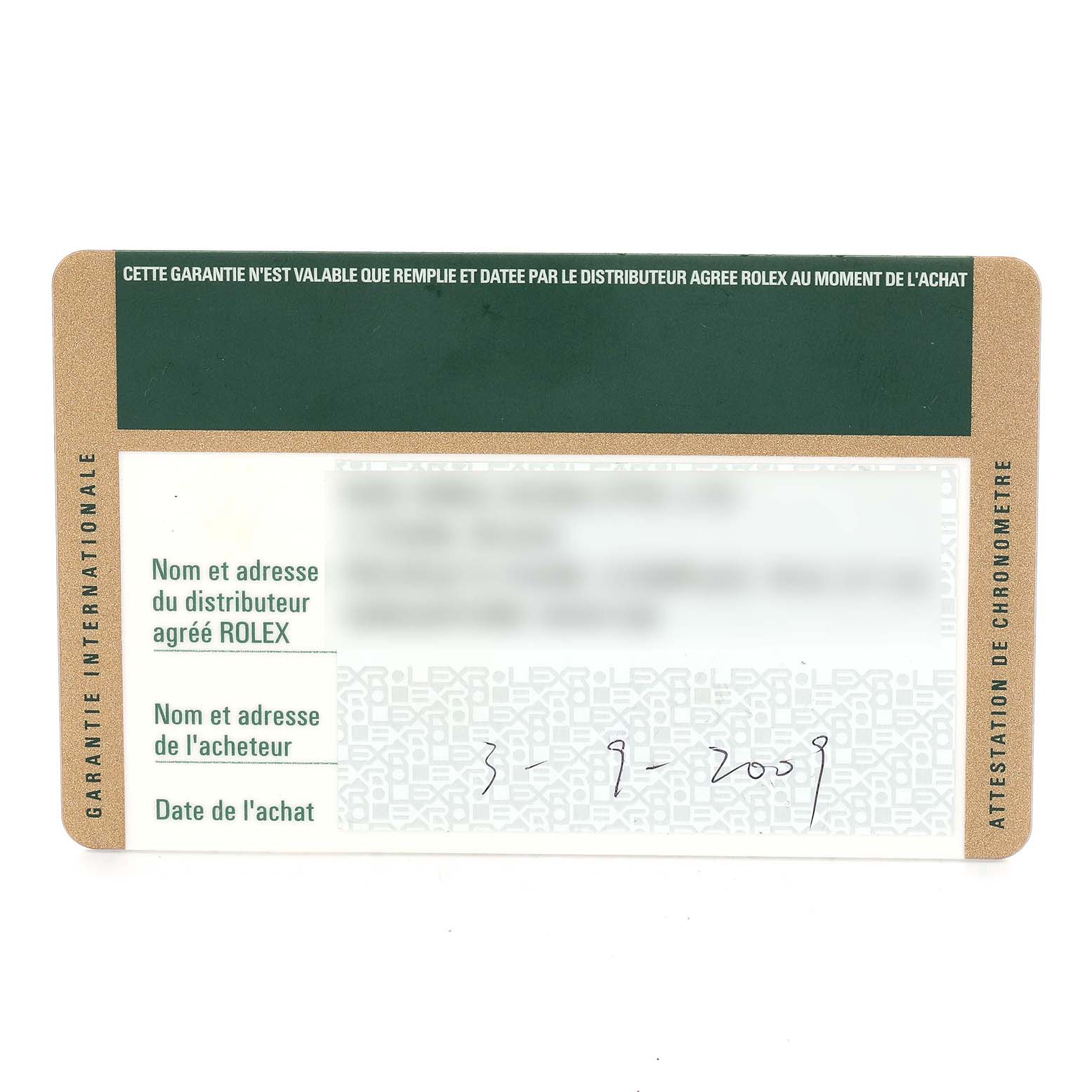 The image shows a warranty card for a Rolex Oyster Perpetual 177200 Women's Stainless Steel White Dial watch, featuring text boxes and date information.