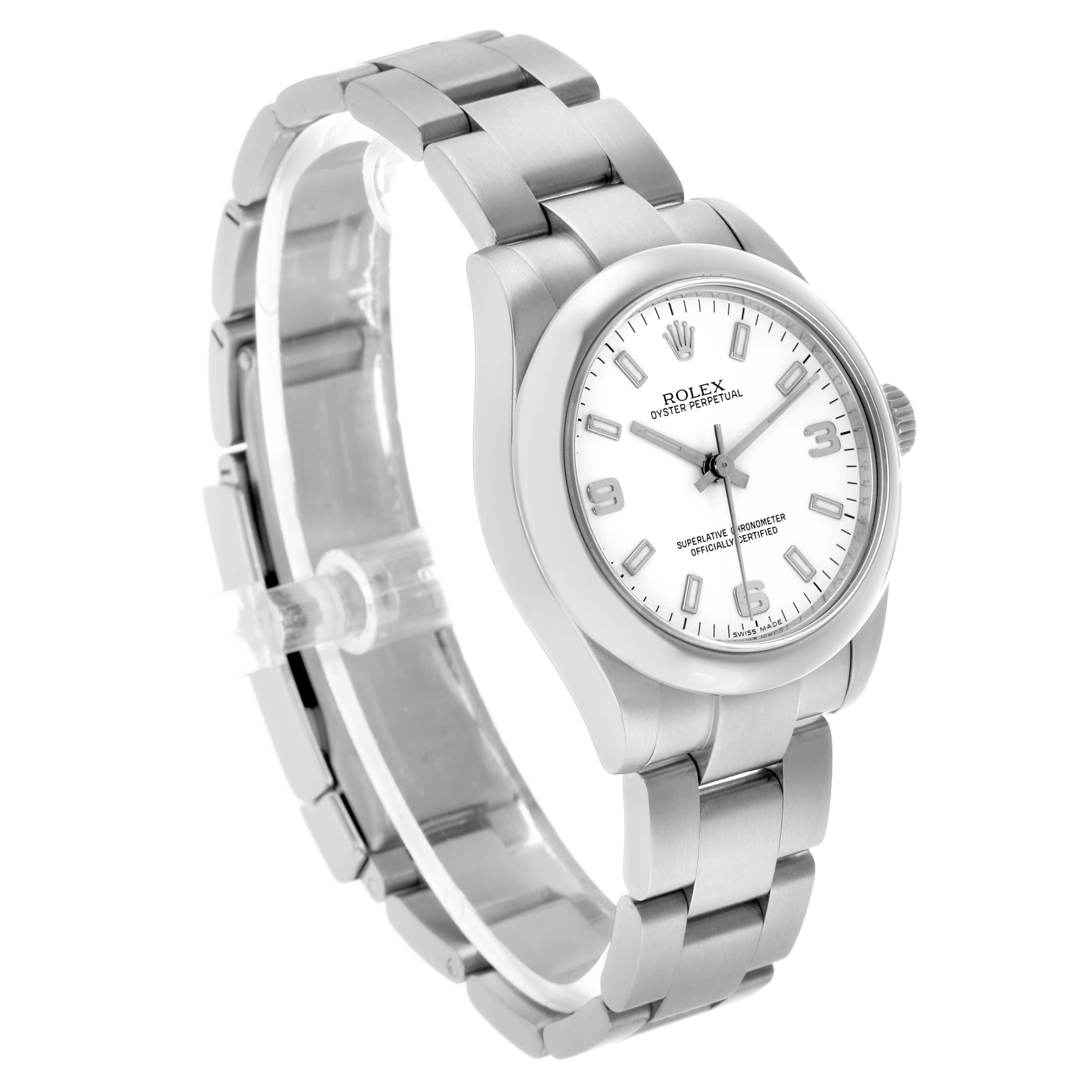 The Rolex Oyster Perpetual 177200 Women's Stainless Steel White Dial watch is shown at a three-quarter angle, displaying the face, bezel, and bracelet.