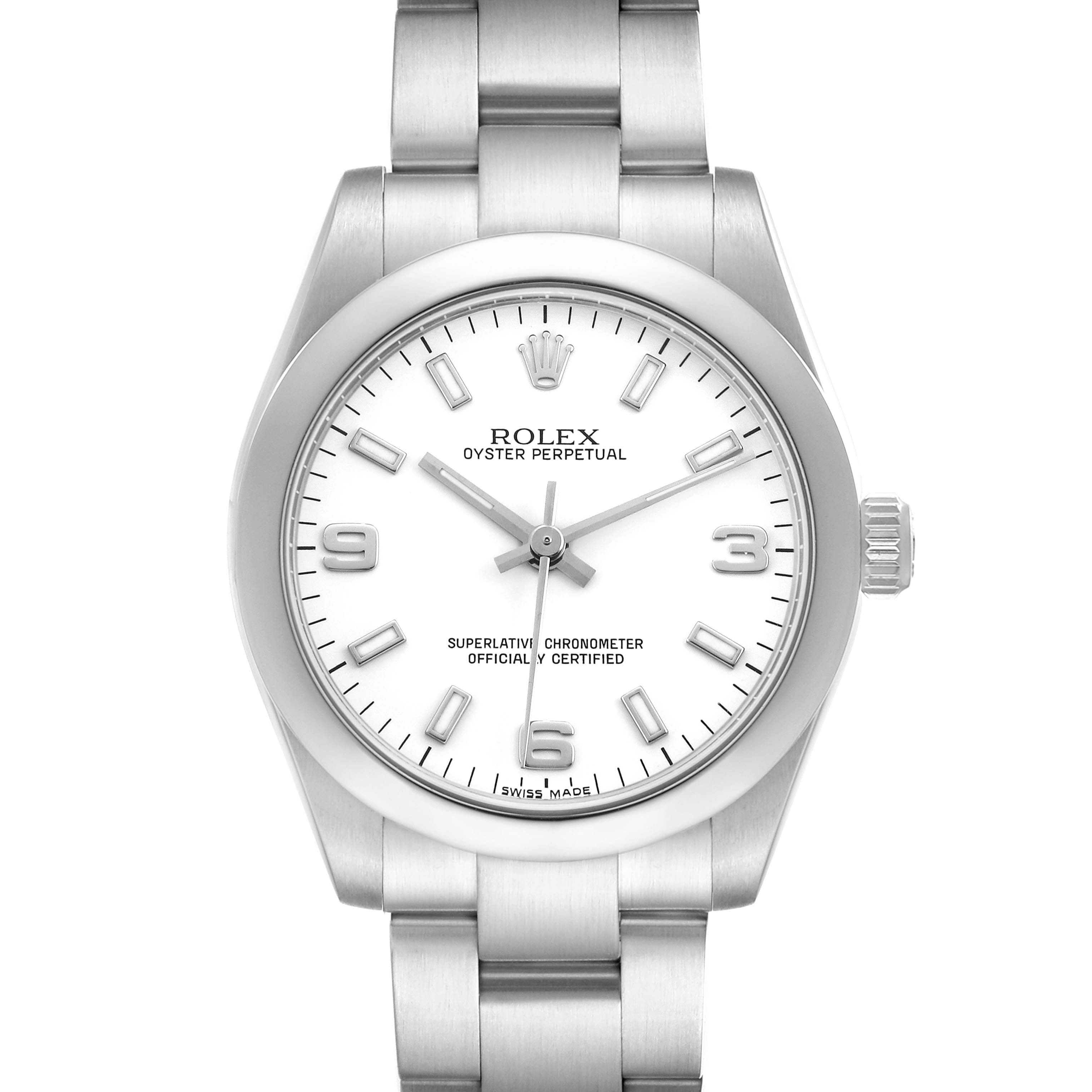 The Rolex Oyster Perpetual 177200 Women's Stainless Steel White Dial watch is shown from a front angle, displaying the face, bezel, and part of the bracelet.