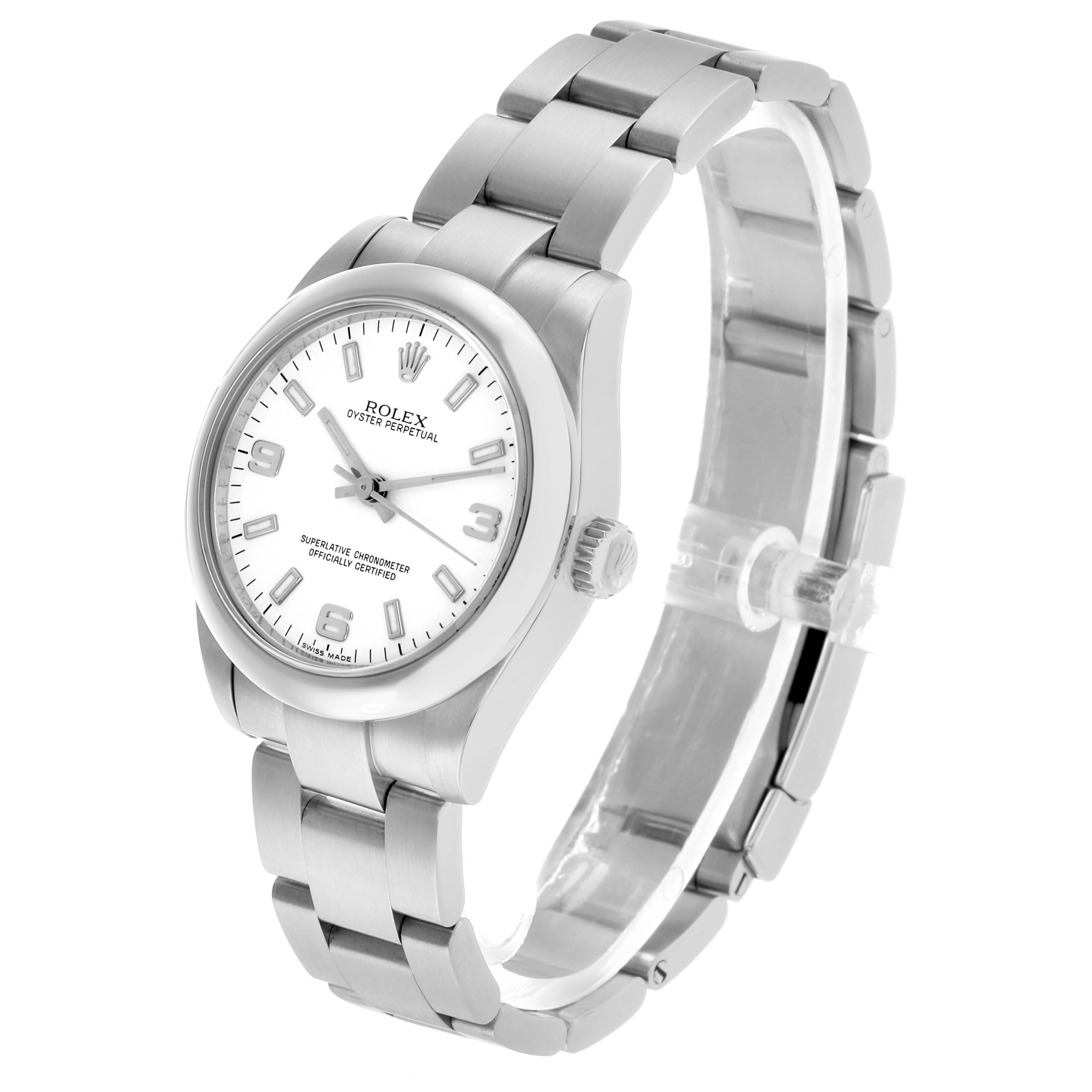 The Rolex Oyster Perpetual 177200 Women's Stainless Steel White Dial watch is shown at a slight angle, displaying the dial, bezel, and part of the bracelet.