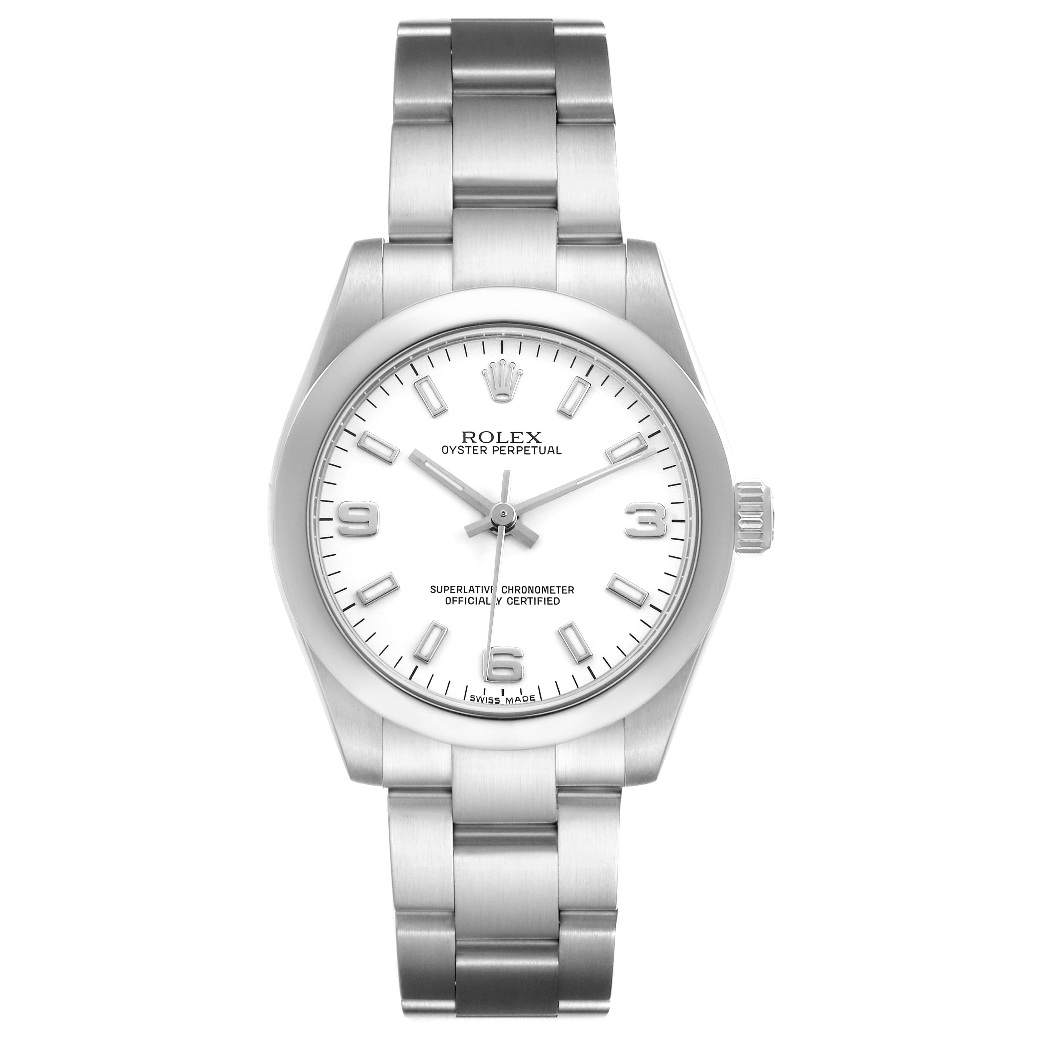 The Rolex Oyster Perpetual 177200 Women's Stainless Steel White Dial watch is shown from a front angle, displaying the dial, bezel, and bracelet.