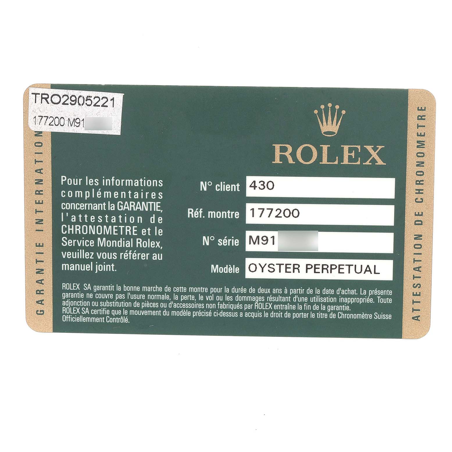 The image shows a warranty card for a Rolex Oyster Perpetual 177200 Women's Stainless Steel White Dial watch, detailing model information and customer details.
