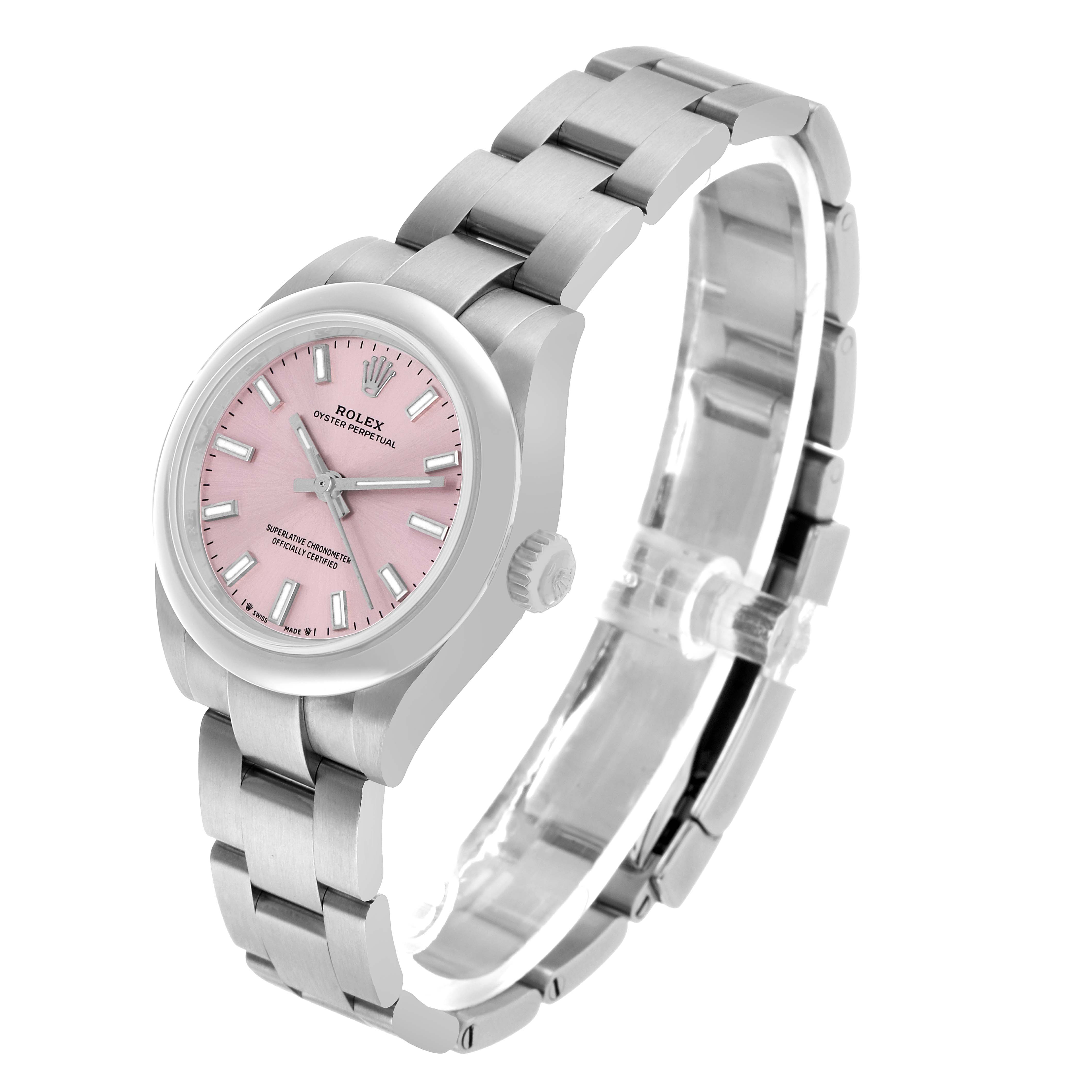 The Rolex Oyster Perpetual 276200 Women's Stainless Steel Pink Dial watch is shown at a tilted angle, displaying the pink dial, bezel, and part of the bracelet.