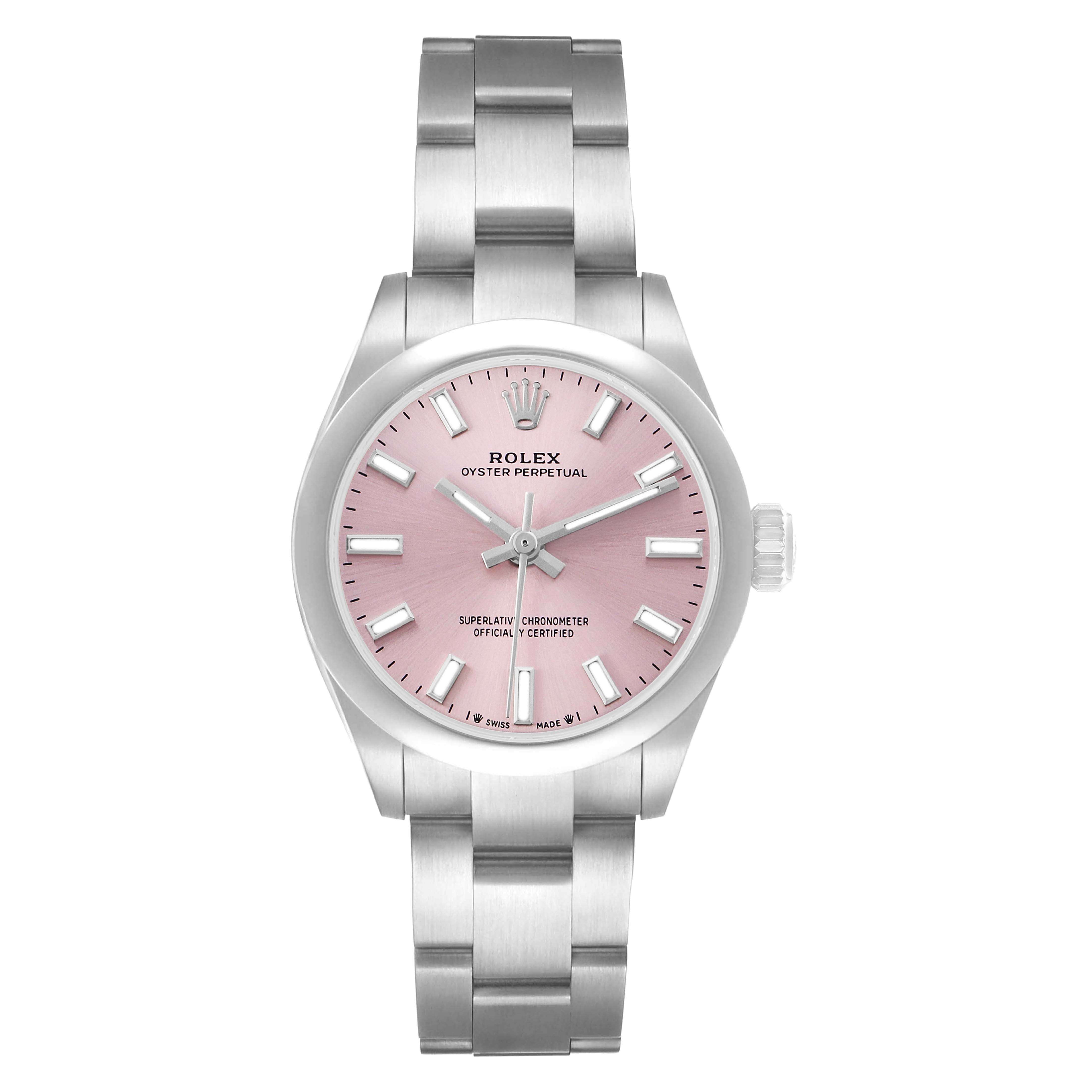 The Rolex Oyster Perpetual 276200 Women's Stainless Steel Pink Dial watch is shown from a front view, displaying the dial, bezel, and bracelet.