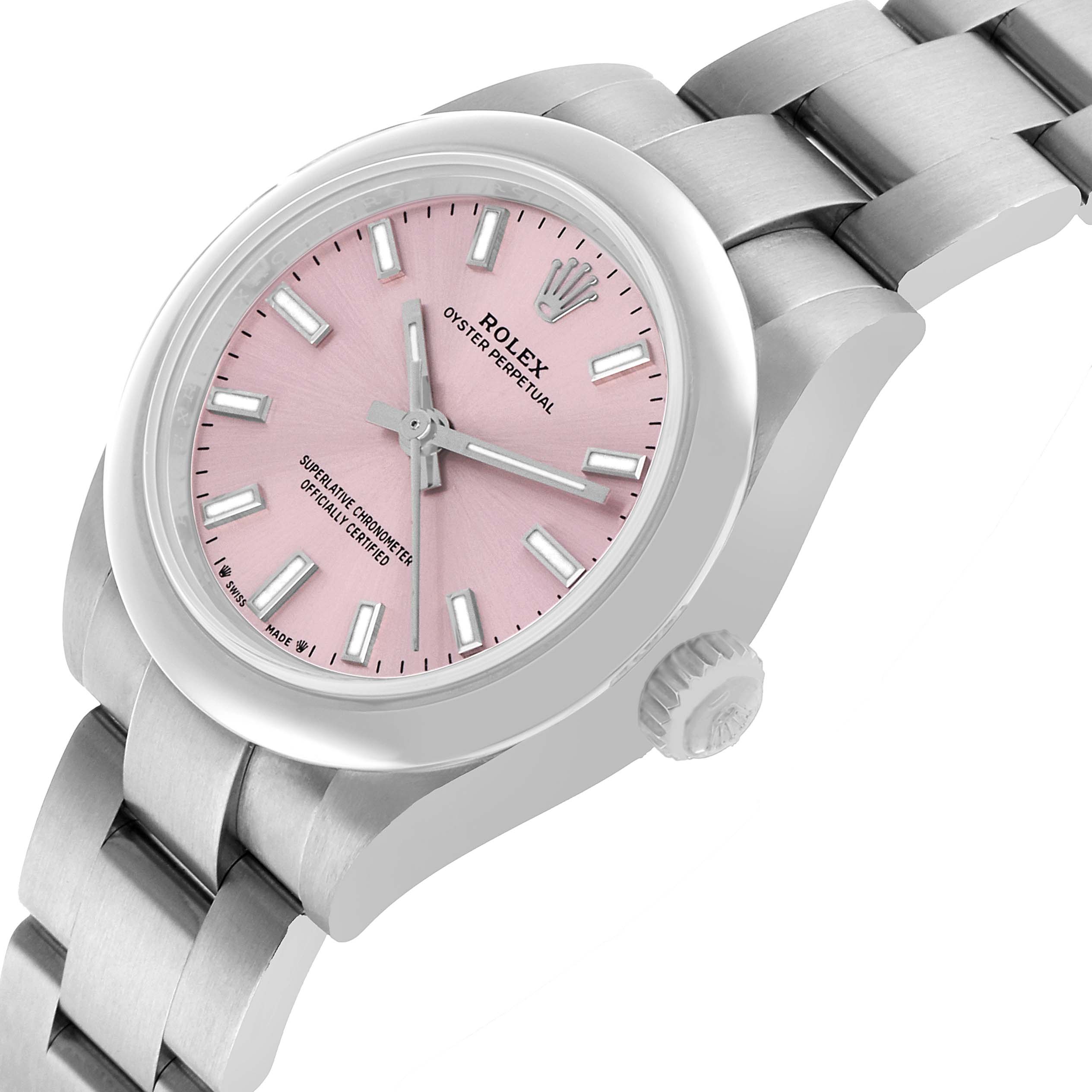 The Rolex Oyster Perpetual 276200 Women's Stainless Steel Pink Dial watch is shown at an angled view highlighting its pink dial, bezel, and part of the bracelet.