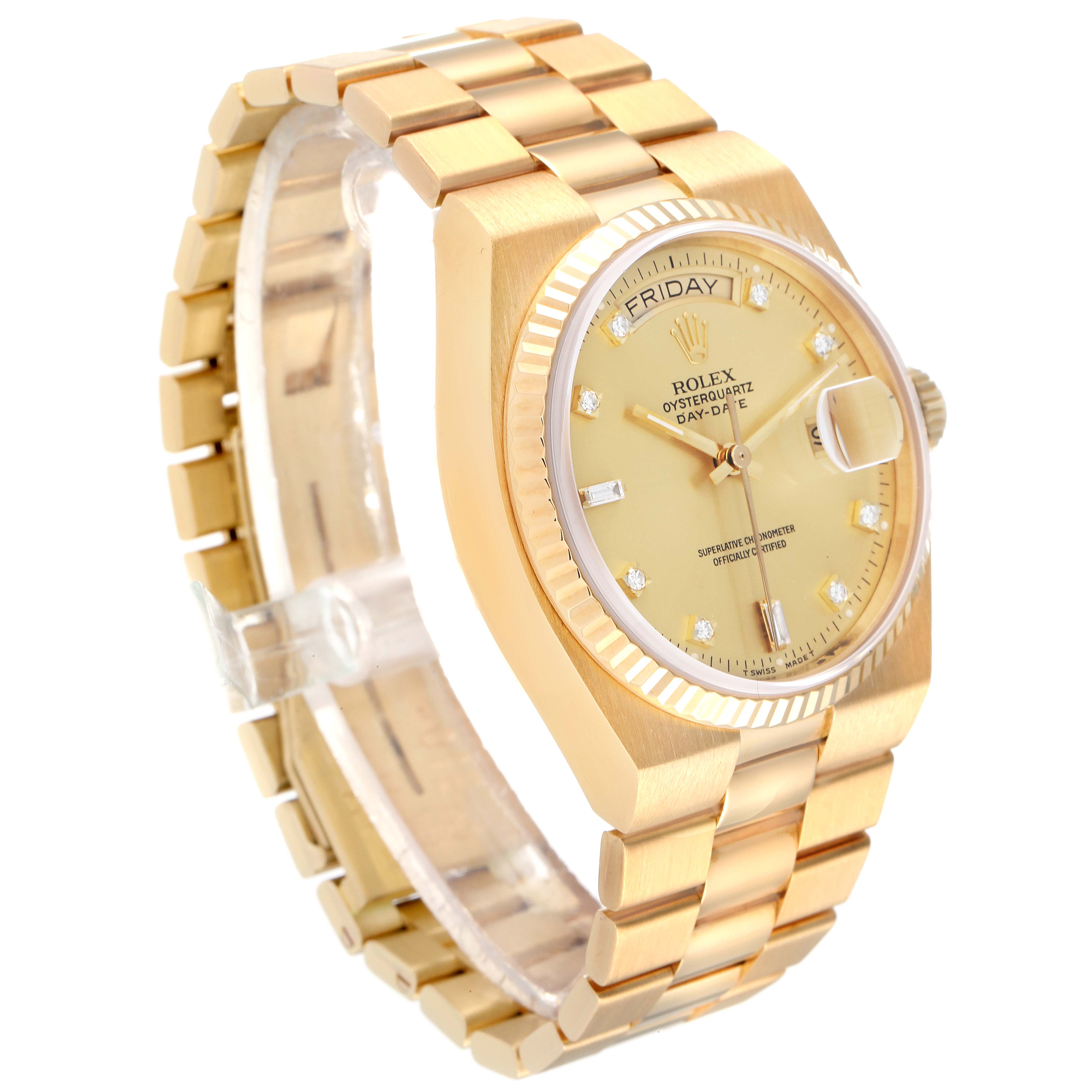 The image shows a Rolex President 19018 Men
s Yellow Gold Champagne Dial 19018 Men
s Yellow Gold Champagne Dial model watch at a three-quarter angle, displaying the face, bezel, and bracelet.