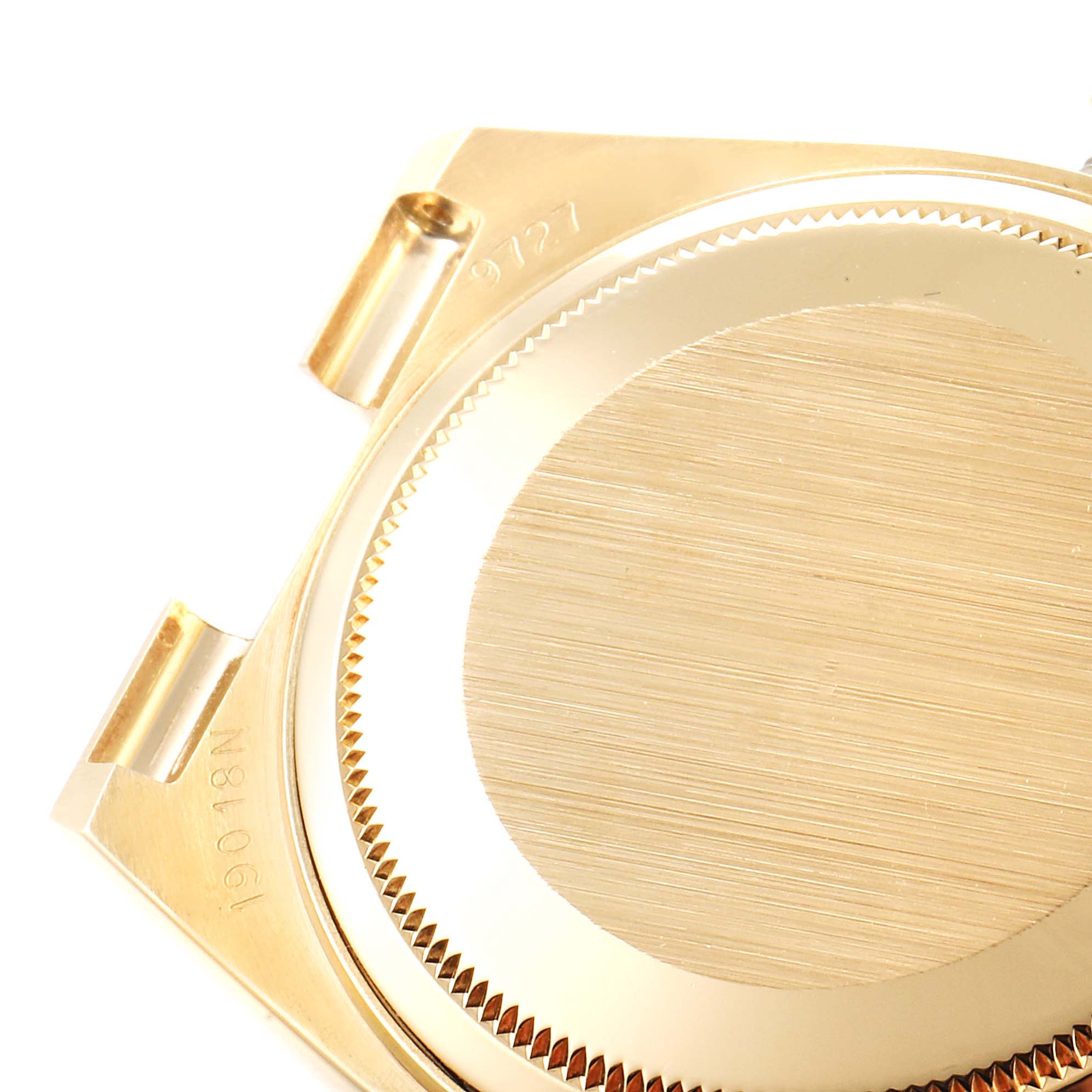 This image shows the backside of a Rolex President 19018 Men
s Yellow Gold Champagne Dial 19018 Men
s Yellow Gold Champagne Dial model watch case in a close-up angle.
