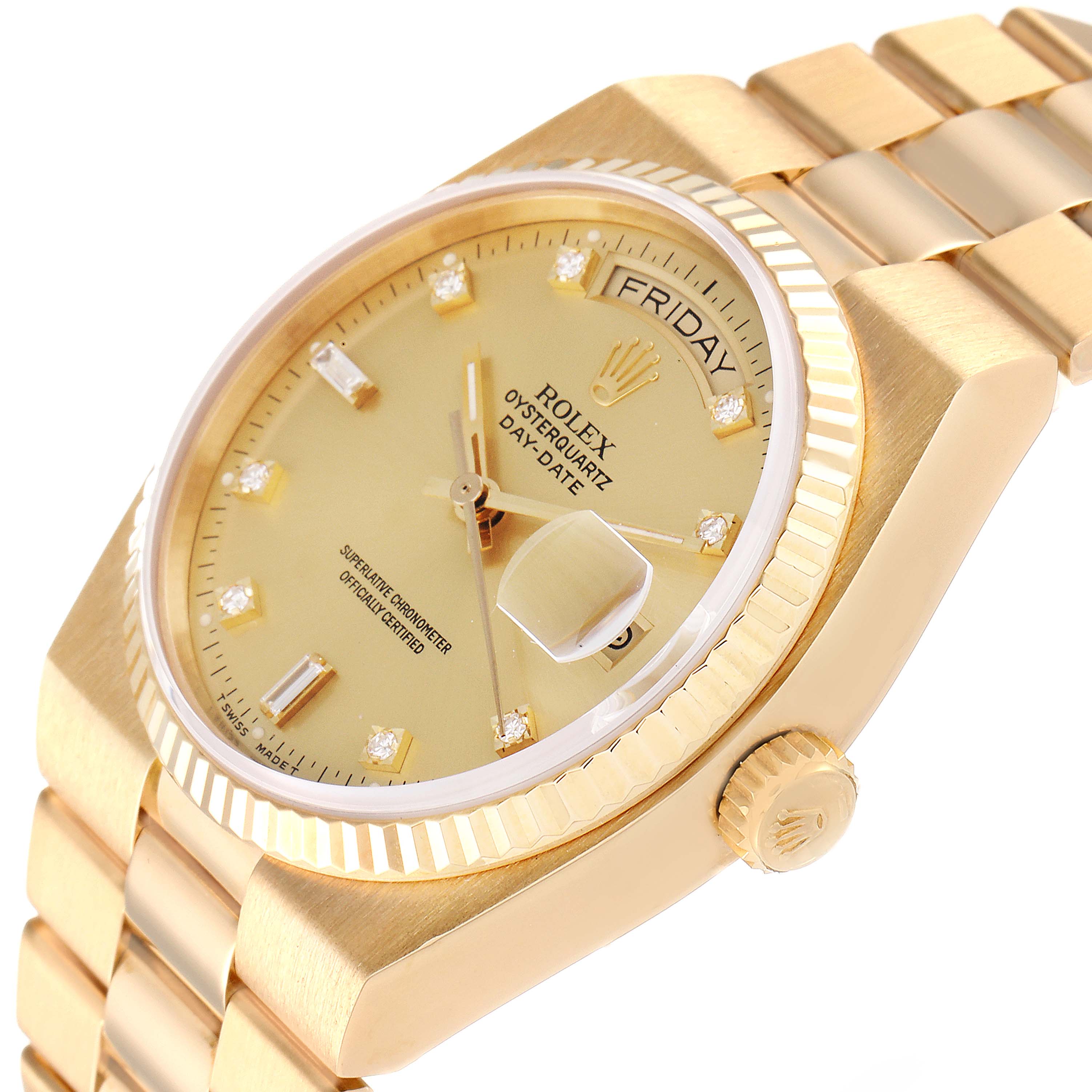 This image shows a close-up side angle of a Rolex President 19018 Men
s Yellow Gold Champagne Dial 19018 Men
s Yellow Gold Champagne Dial OysterQuartz Day-Date watch displaying its dial, bezel, and bracelet.