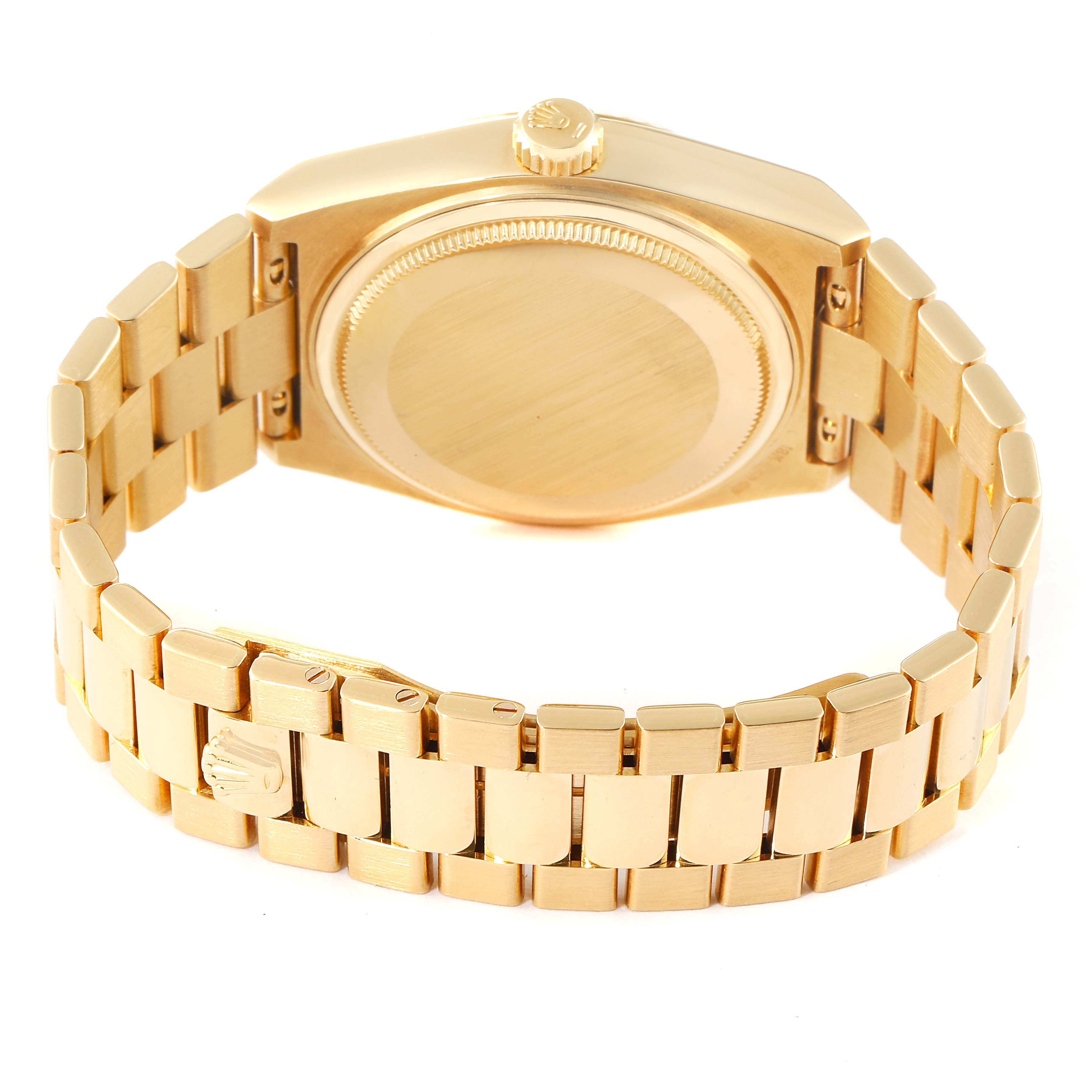 The image shows the back view of a Rolex President 19018 Men
s Yellow Gold Champagne Dial 19018 Men
s Yellow Gold Champagne Dial model watch, including the case back and the bracelet.
