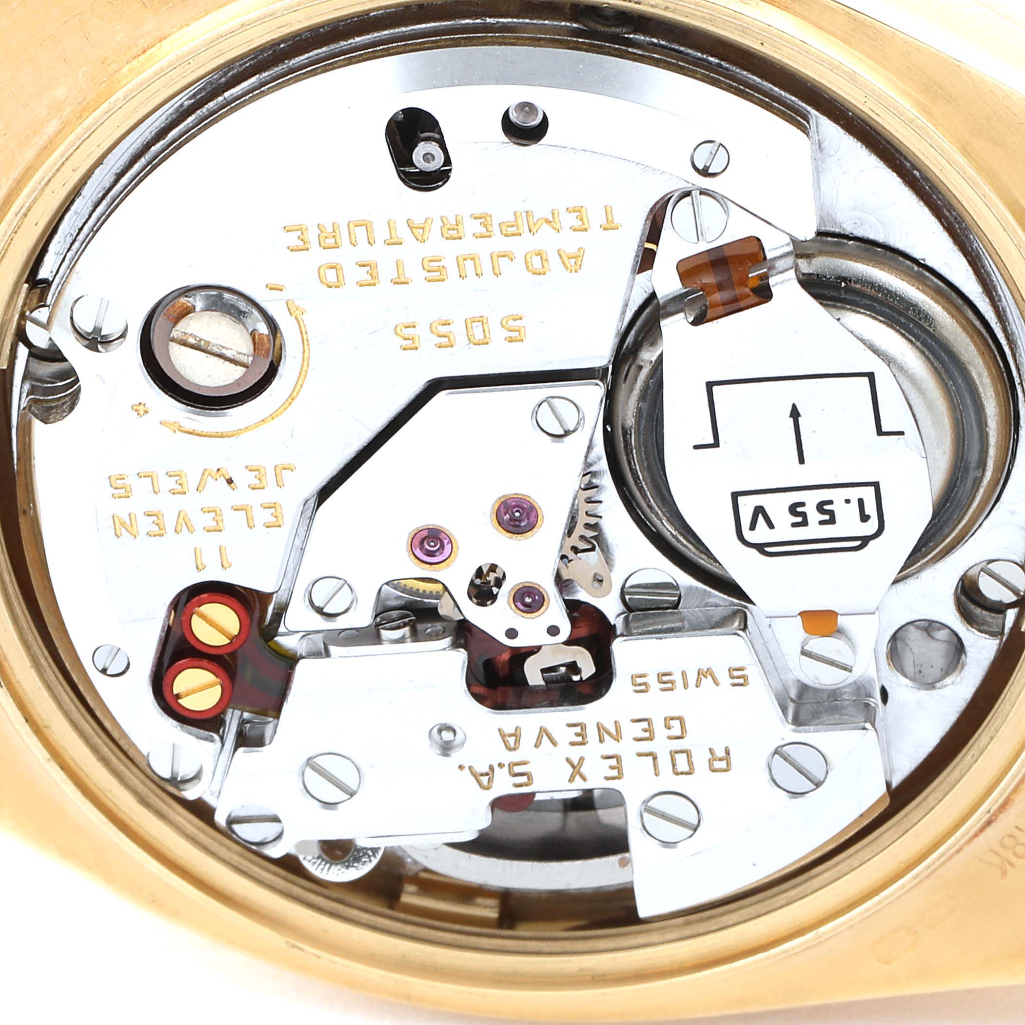 This image shows the internal mechanics of a Rolex President 19018 Men
s Yellow Gold Champagne Dial 19018 Men
s Yellow Gold Champagne Dial model watch from a close-up angle.