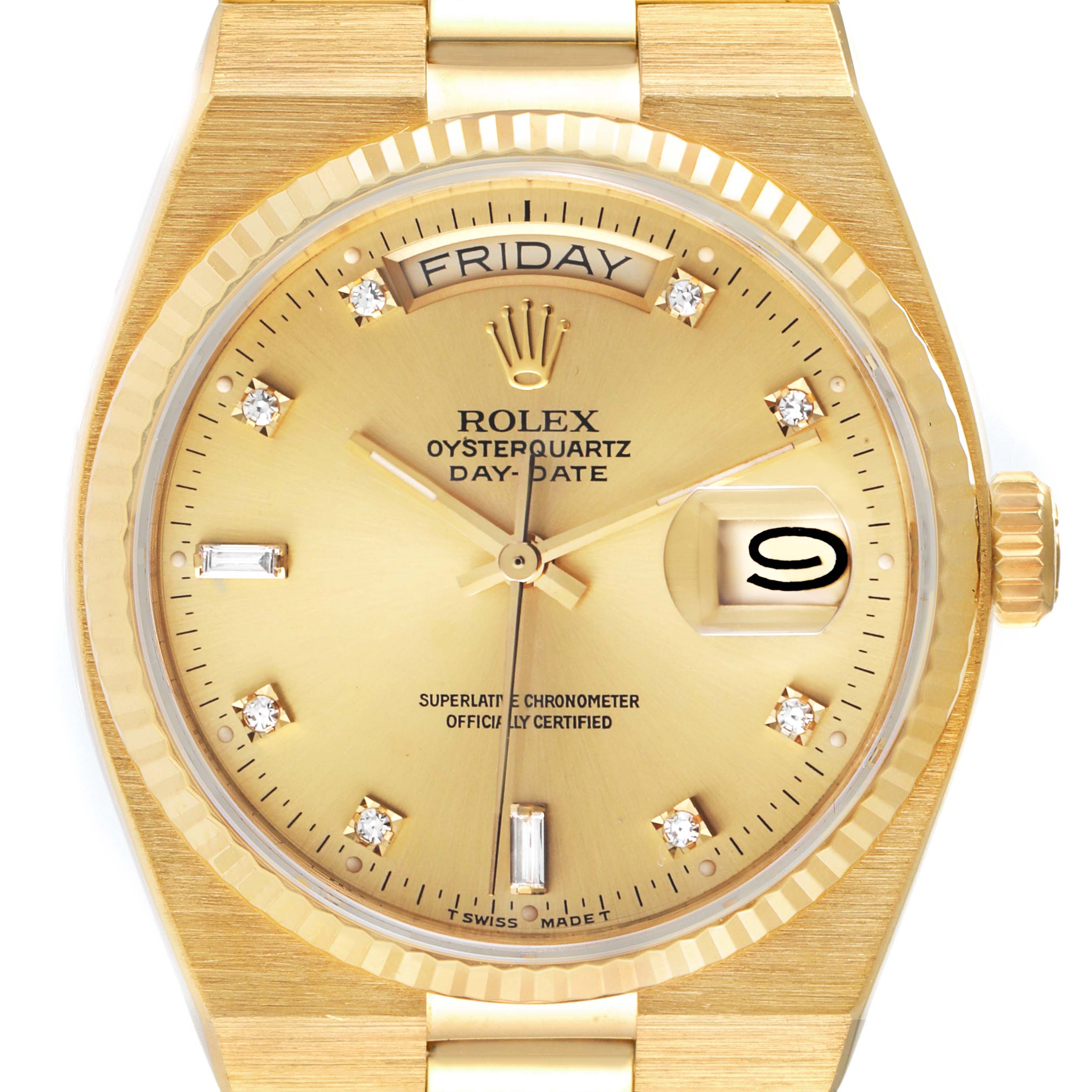 This is a close-up of the Rolex Oysterquartz Day-Date President watch, showing its dial, day/date windows, and part of the bracelet.