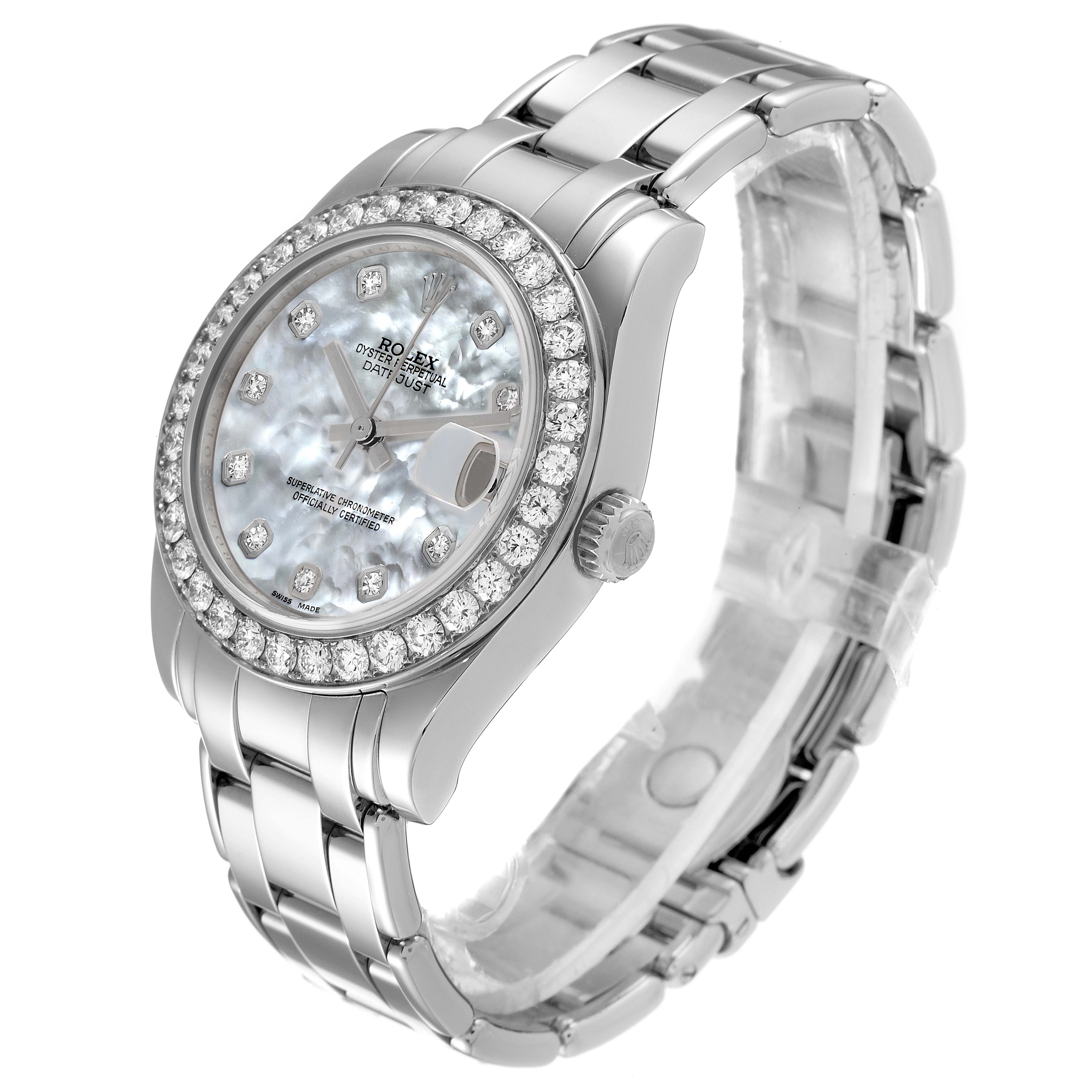 The Rolex Pearlmaster 81285 Women's White Gold Mother of Pearl Dial 81285 Women's White Gold Mother of Pearl Dial watch is shown at a slight angle, highlighting its face, bezel, crown, and bracelet.
