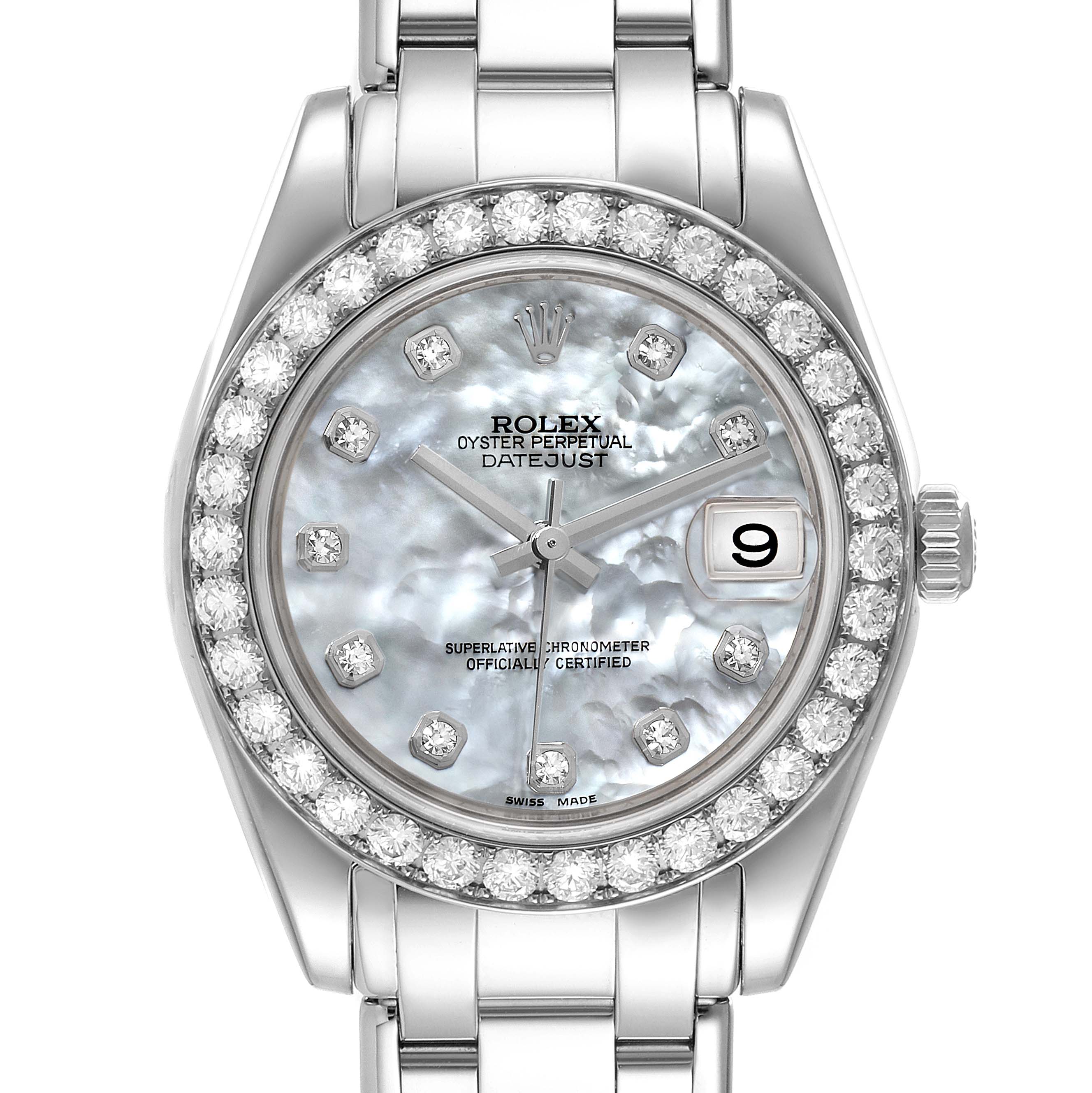 The image shows a front view of the Rolex Pearlmaster 81285 Women's White Gold Mother of Pearl Dial 81285 Women's White Gold Mother of Pearl Dial watch, highlighting its mother-of-pearl dial, diamond bezel, and date display.
