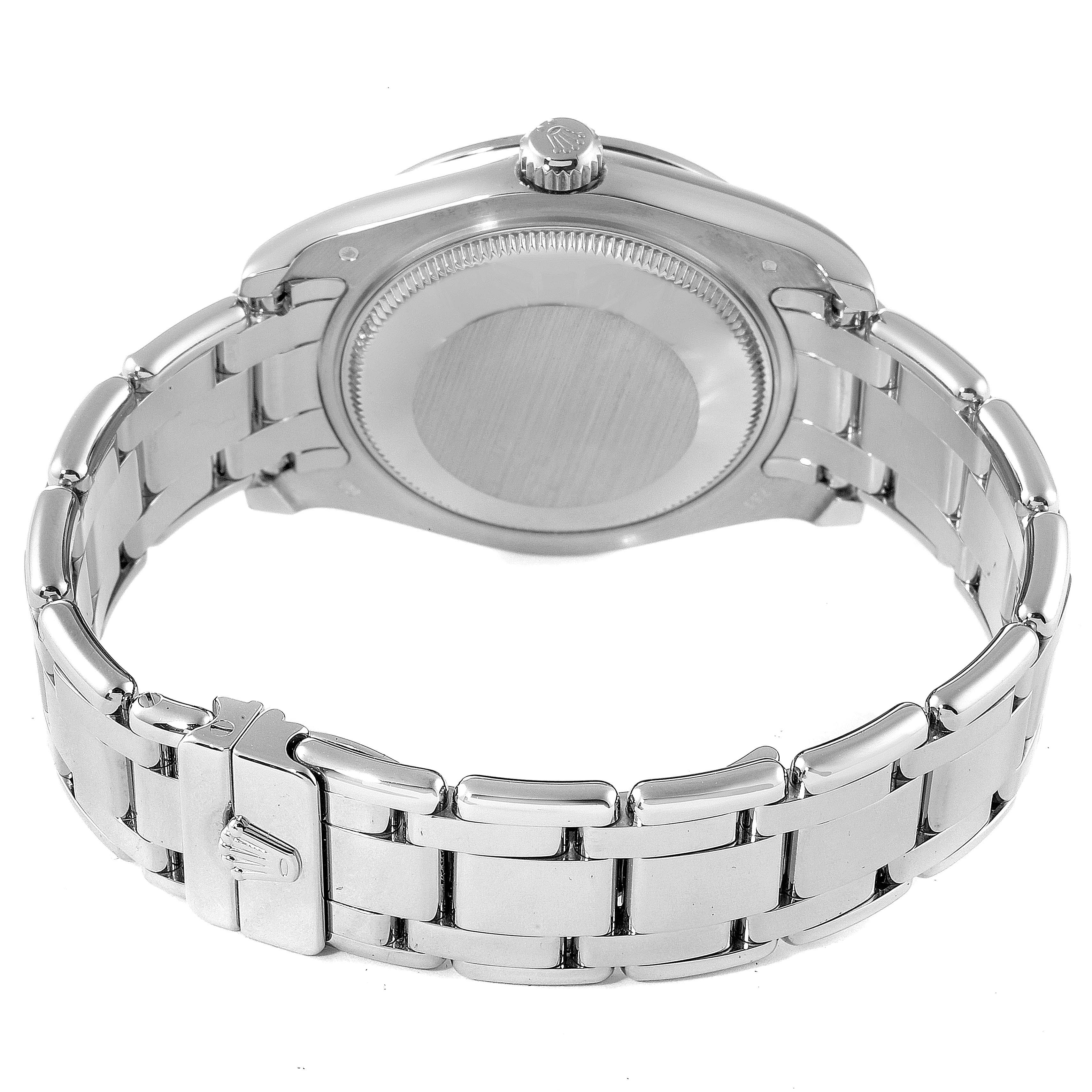 The image shows the back and part of the bracelet of the Rolex Pearlmaster 81285 Women's White Gold Mother of Pearl Dial 81285 Women's White Gold Mother of Pearl Dial watch from a rear angle.