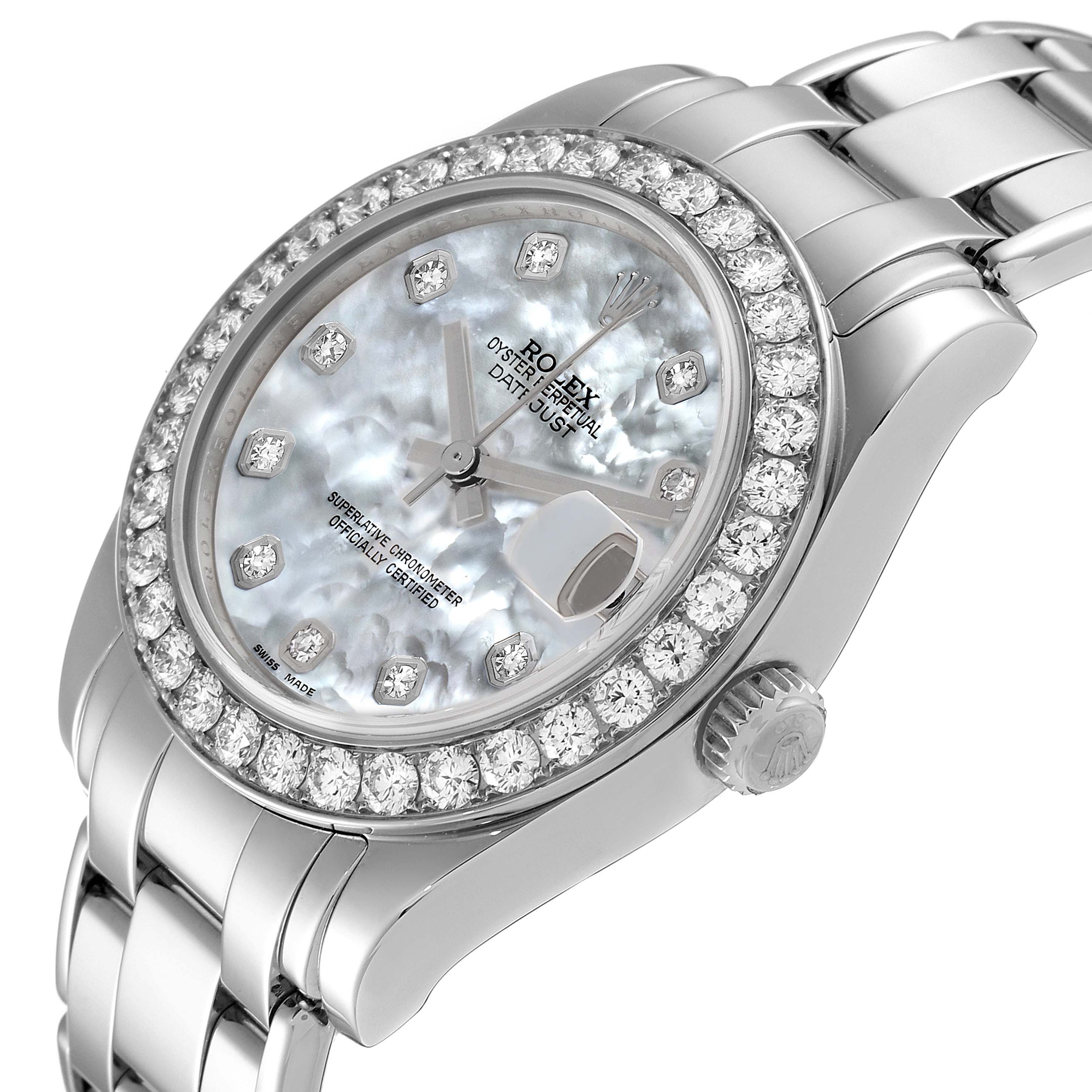 This image shows the face, crown, and bracelet of a Rolex Pearlmaster 81285 Women's White Gold Mother of Pearl Dial 81285 Women's White Gold Mother of Pearl Dial watch from a three-quarter angle.