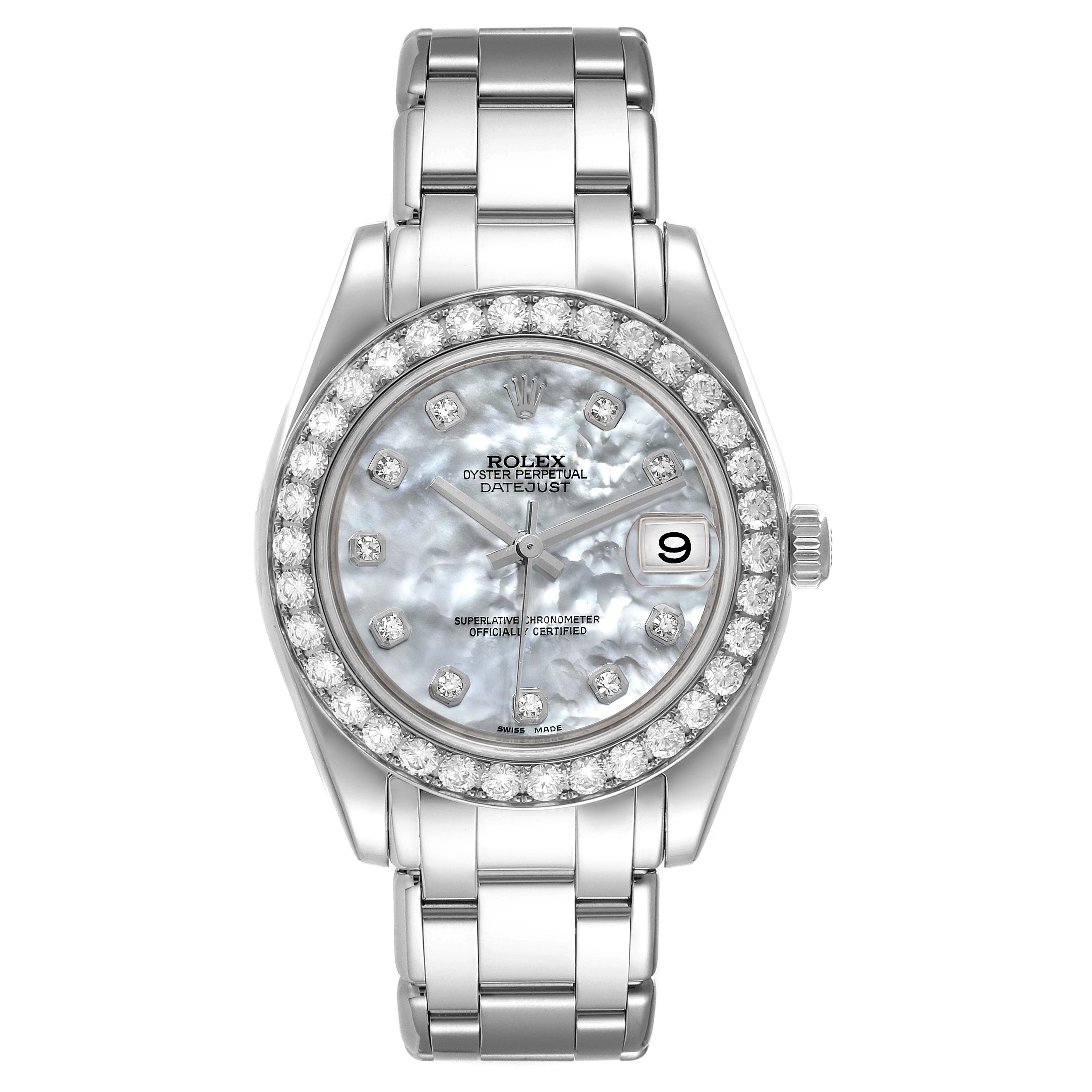 The image shows a front view of the Rolex Pearlmaster 81285 Women's White Gold Mother of Pearl Dial 81285 Women's White Gold Mother of Pearl Dial watch, featuring its dial, bezel, and bracelet.
