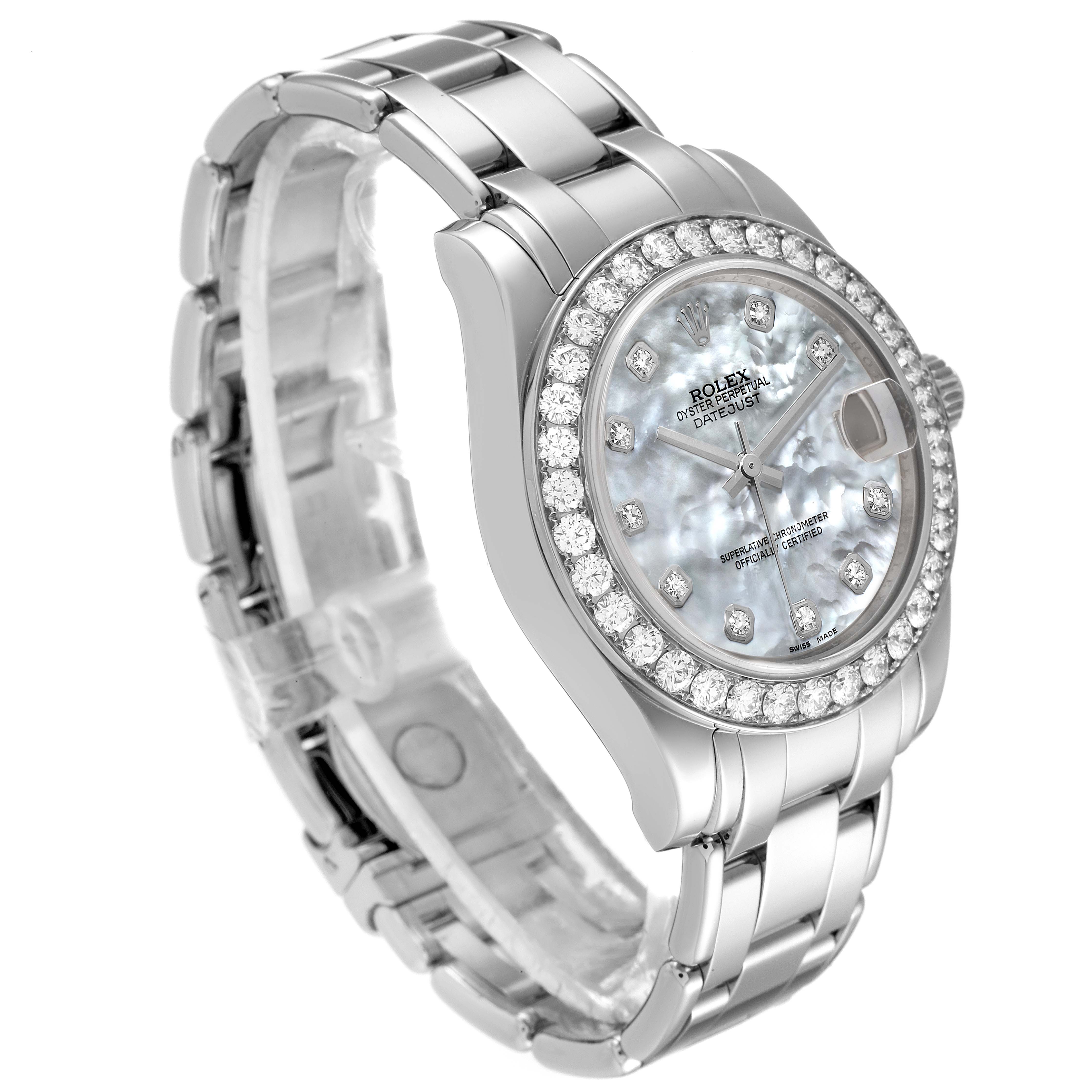 The Rolex Pearlmaster 81285 Women's White Gold Mother of Pearl Dial 81285 Women's White Gold Mother of Pearl Dial watch is shown at an angle displaying the face, bezel, and bracelet clearly in a three-quarters view.