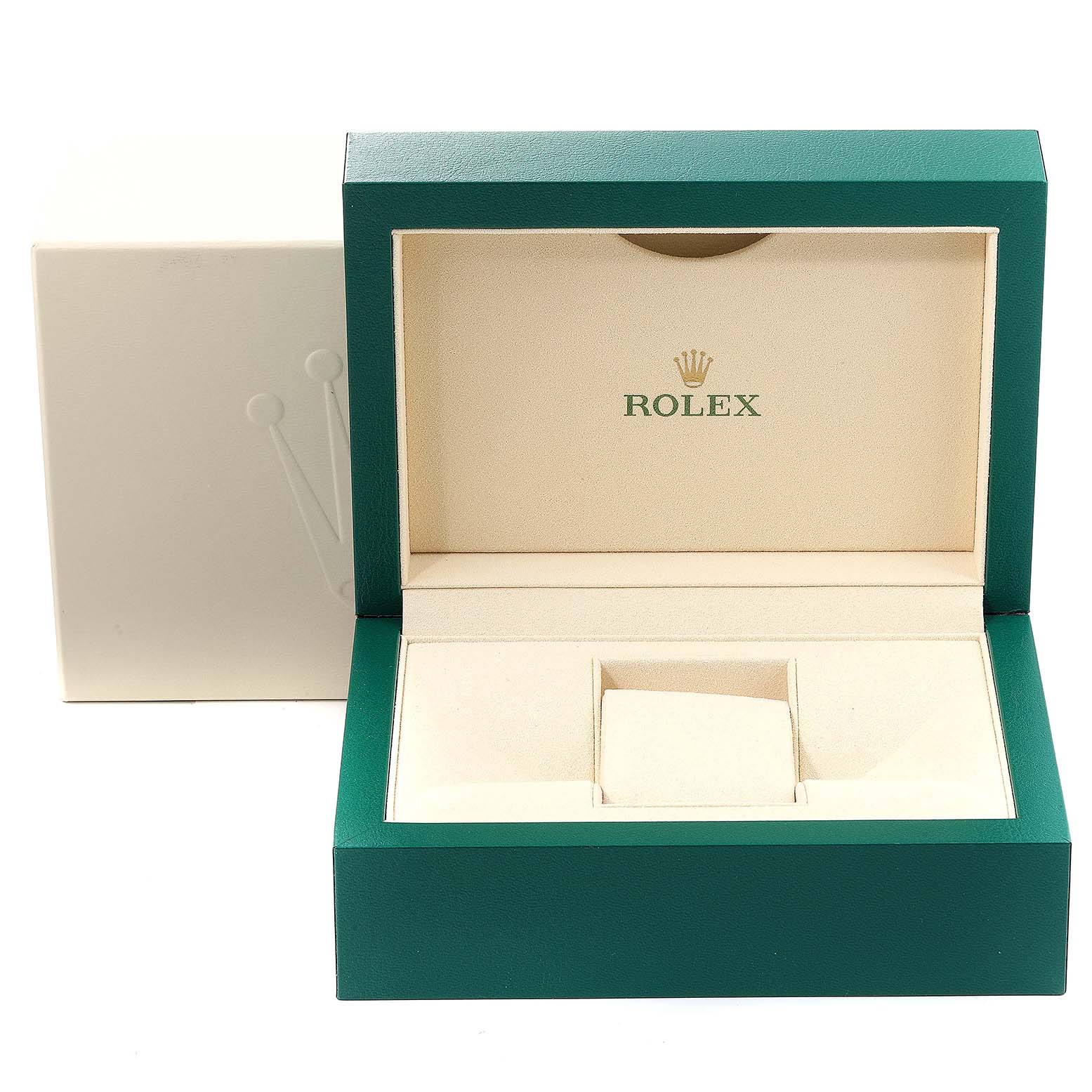 The image shows an open Rolex watch box for the Pearlmaster model with a green exterior and cream interior.