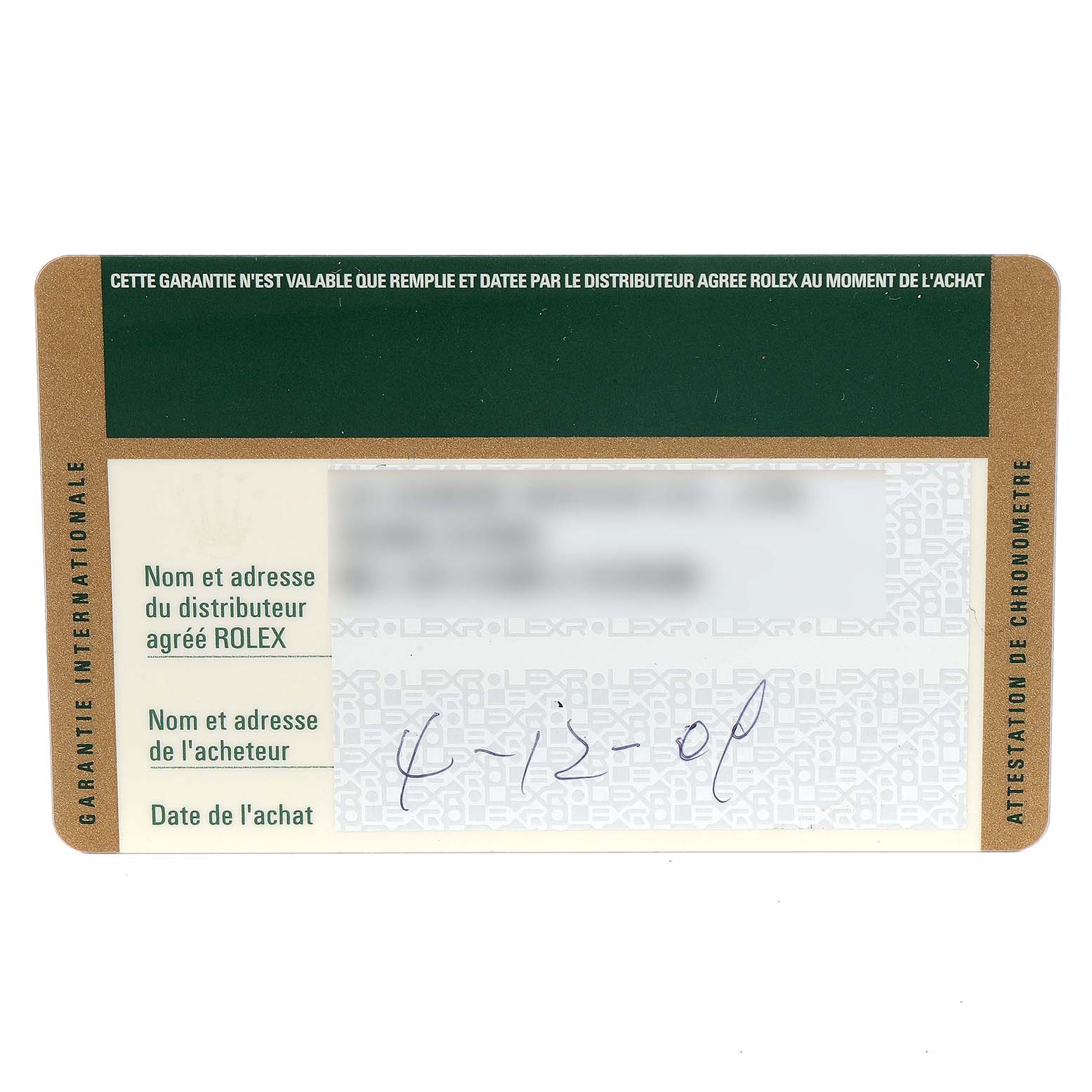 This image shows the warranty card of the Rolex Pearlmaster 81319 Women's White Gold Mother of Pearl Dial 81319 Women's White Gold Mother of Pearl Dial watch from a top-down angle.