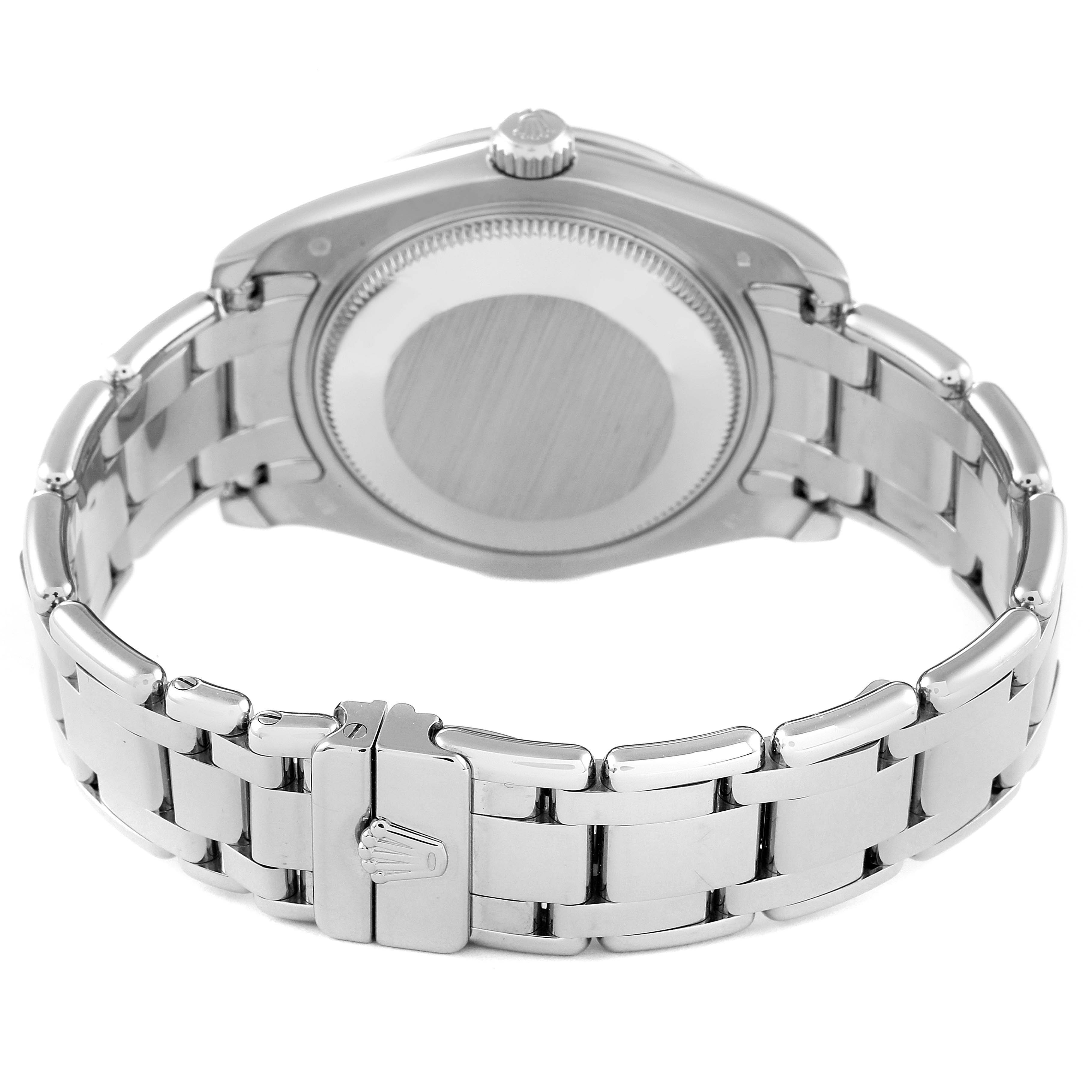The image shows a rear view of a Rolex Pearlmaster 81319 Women's White Gold Mother of Pearl Dial 81319 Women's White Gold Mother of Pearl Dial watch, highlighting its bracelet, clasp, and case back.