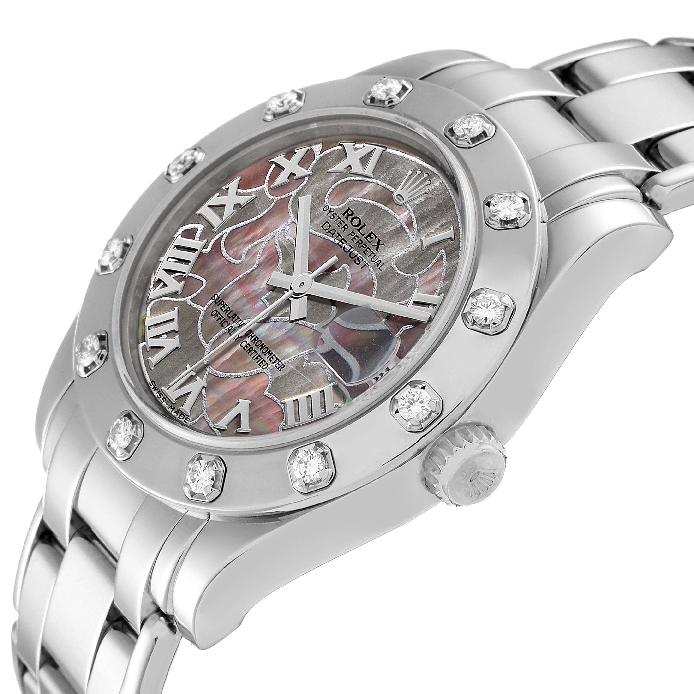 The image shows a close-up of the Rolex Pearlmaster 81319 Women's White Gold Mother of Pearl Dial 81319 Women's White Gold Mother of Pearl Dial watch, focusing on the face, bezel, and part of the bracelet from an angled view.