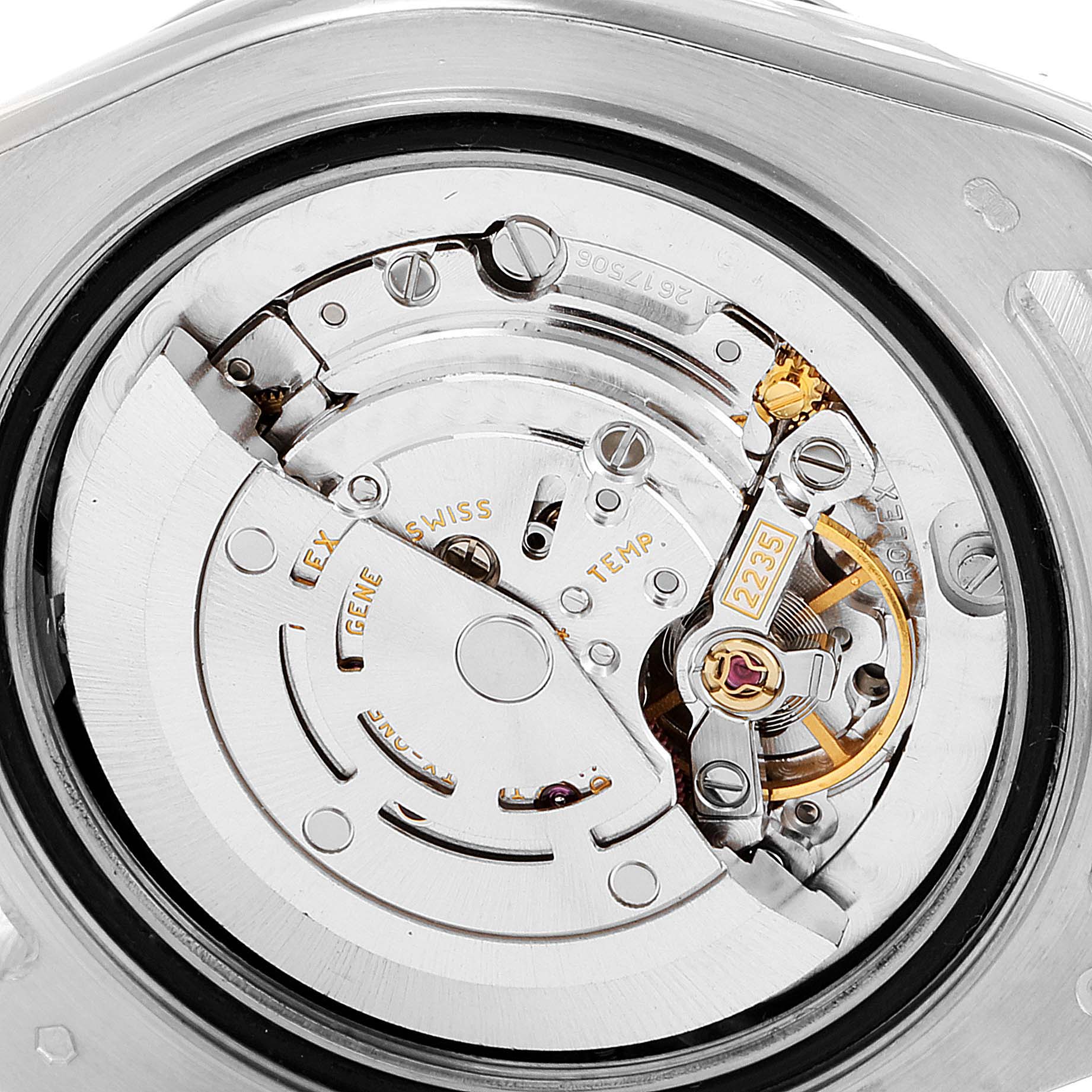 The image shows the intricate internal mechanics and movement of a Rolex Pearlmaster 81319 Women's White Gold Mother of Pearl Dial 81319 Women's White Gold Mother of Pearl Dial watch from a close-up angle.