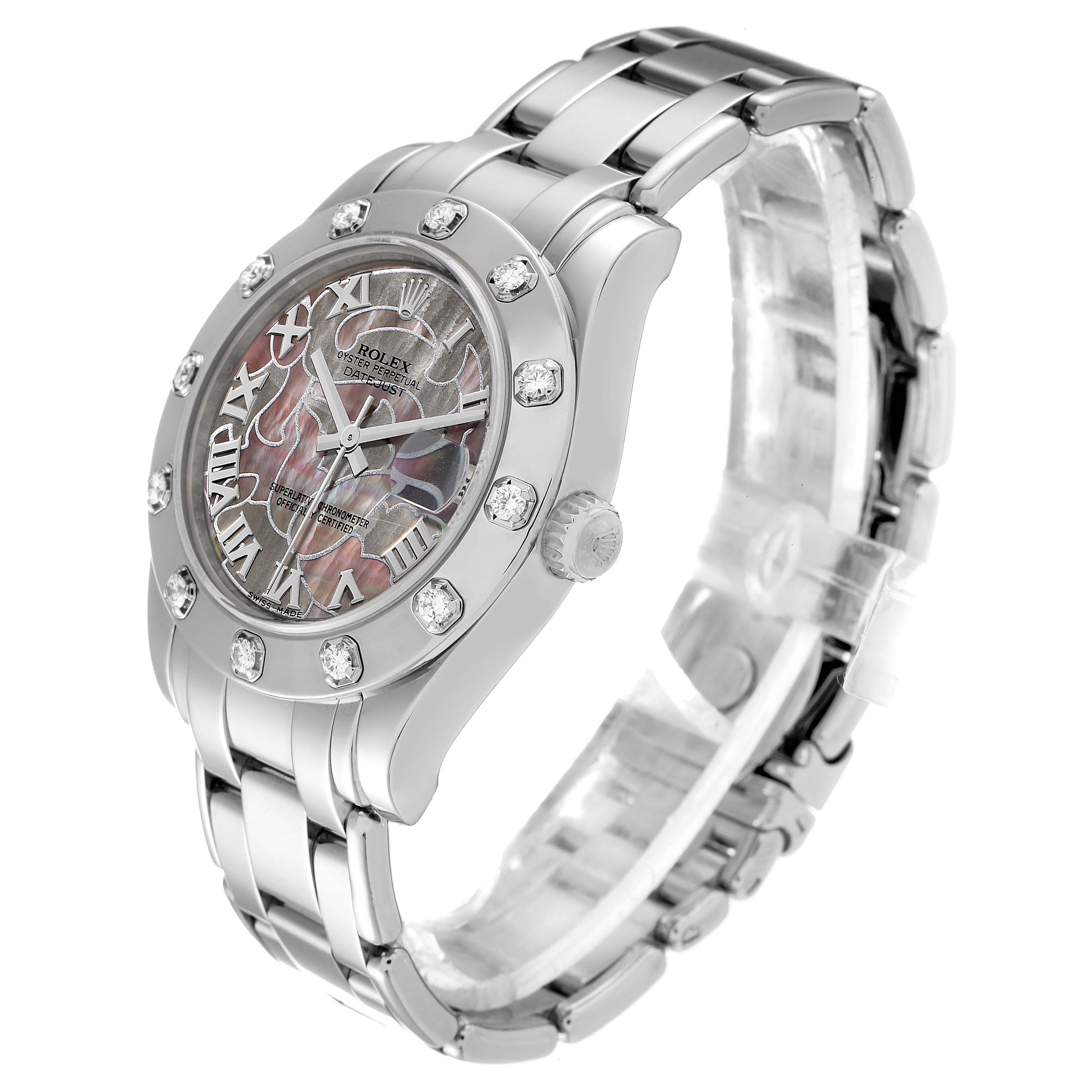 The image shows a Rolex Pearlmaster 81319 Women's White Gold Mother of Pearl Dial 81319 Women's White Gold Mother of Pearl Dial watch from an angled side view, displaying the bracelet, dial, and bezel.