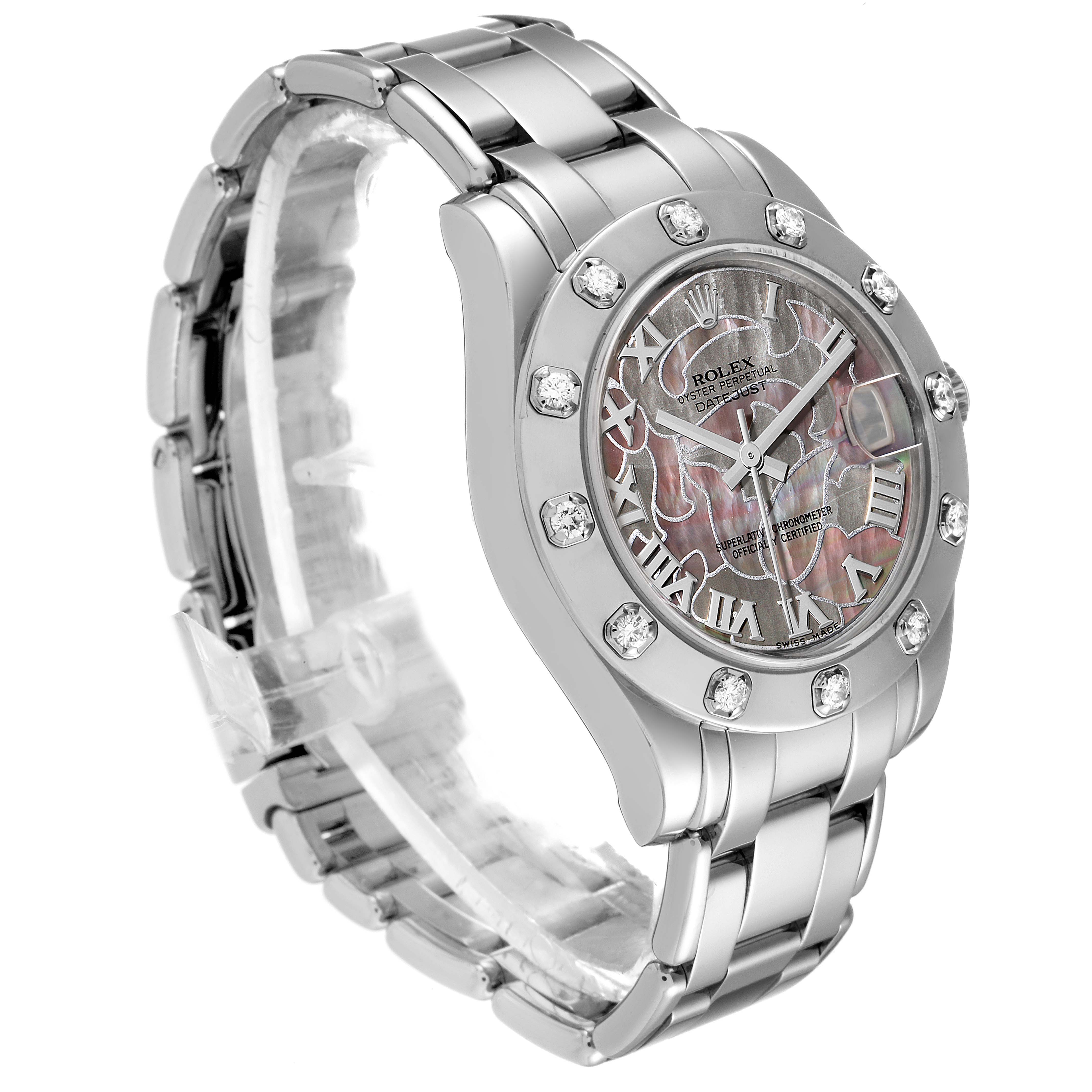 The image shows a Rolex Pearlmaster 81319 Women's White Gold Mother of Pearl Dial 81319 Women's White Gold Mother of Pearl Dial watch from a right-front angle, highlighting the dial, bezel, and bracelet.