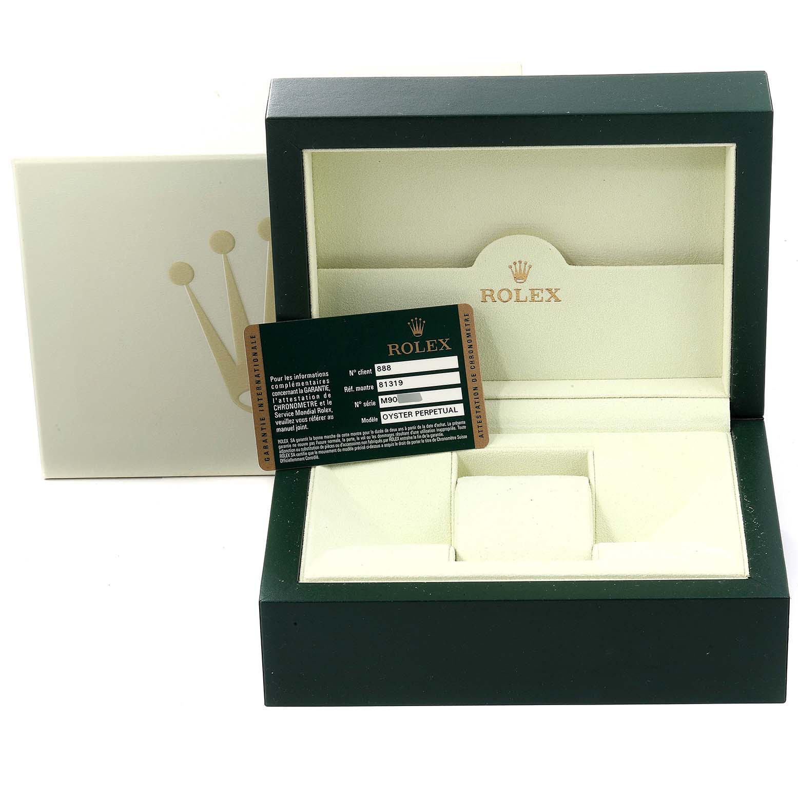 The image shows the open box and warranty card of a Rolex Pearlmaster 81319 Women's White Gold Mother of Pearl Dial 81319 Women's White Gold Mother of Pearl Dial watch.