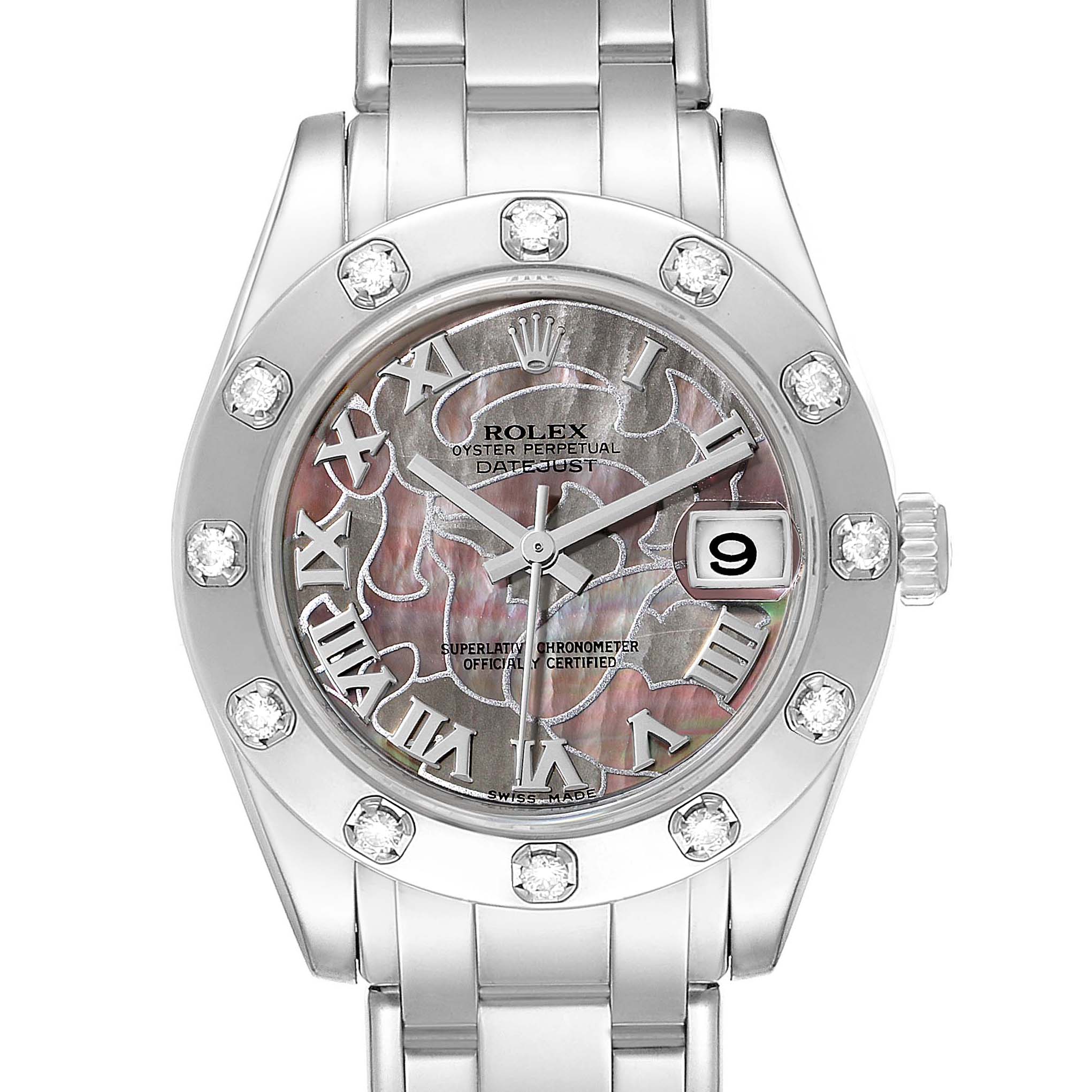 The Rolex Pearlmaster 81319 Women's White Gold Mother of Pearl Dial 81319 Women's White Gold Mother of Pearl Dial watch is shown from a front angle displaying its face, bezel, and part of the bracelet.