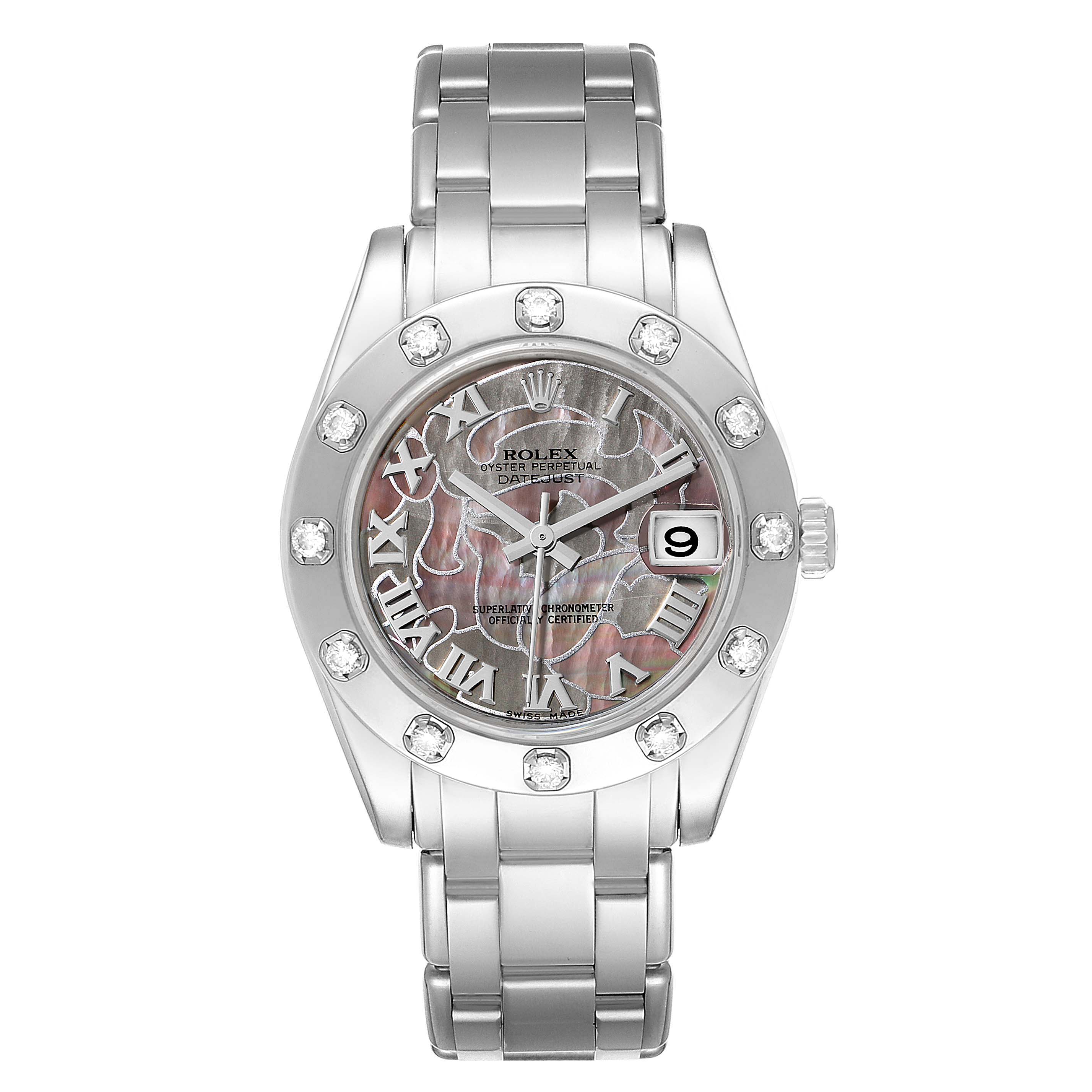 This image shows a front view of a Rolex Pearlmaster 81319 Women's White Gold Mother of Pearl Dial 81319 Women's White Gold Mother of Pearl Dial watch, displaying its dial, bezel, and bracelet.