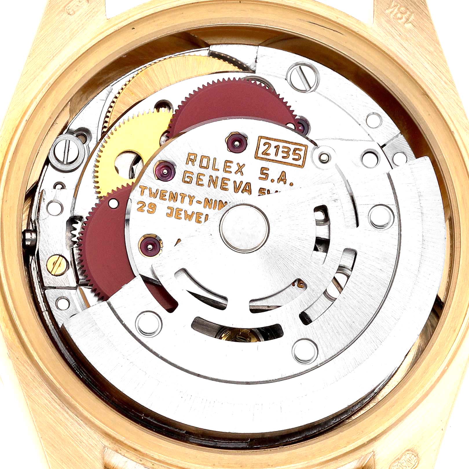 This image shows the internal movement components of a Rolex President 69138 Women's Yellow Gold Champagne Dial 69138 Women's Yellow Gold Champagne Dial model from a top-down angle.