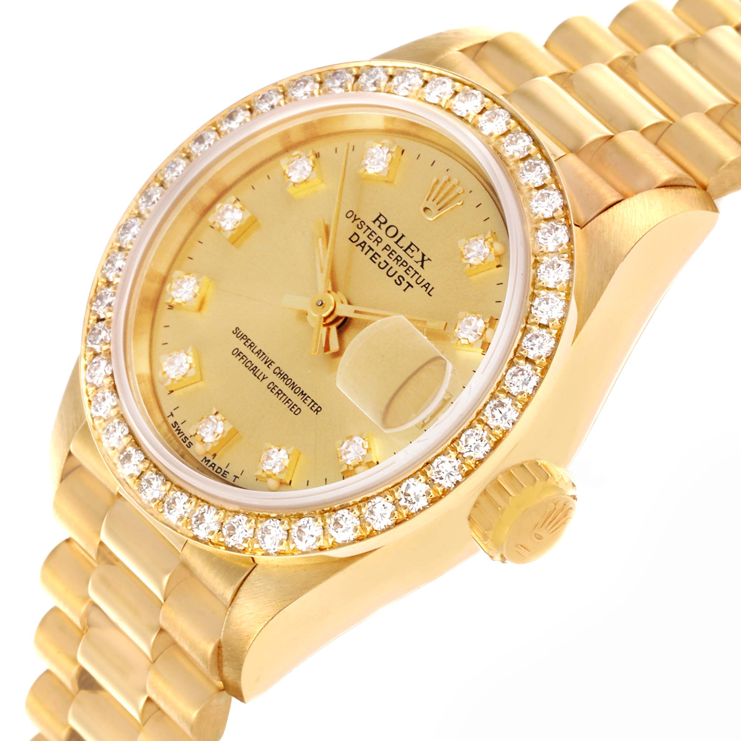 The Rolex President 69138 Women's Yellow Gold Champagne Dial 69138 Women's Yellow Gold Champagne Dial model is shown at an angle highlighting the gold case, diamond bezel, dial, and bracelet.