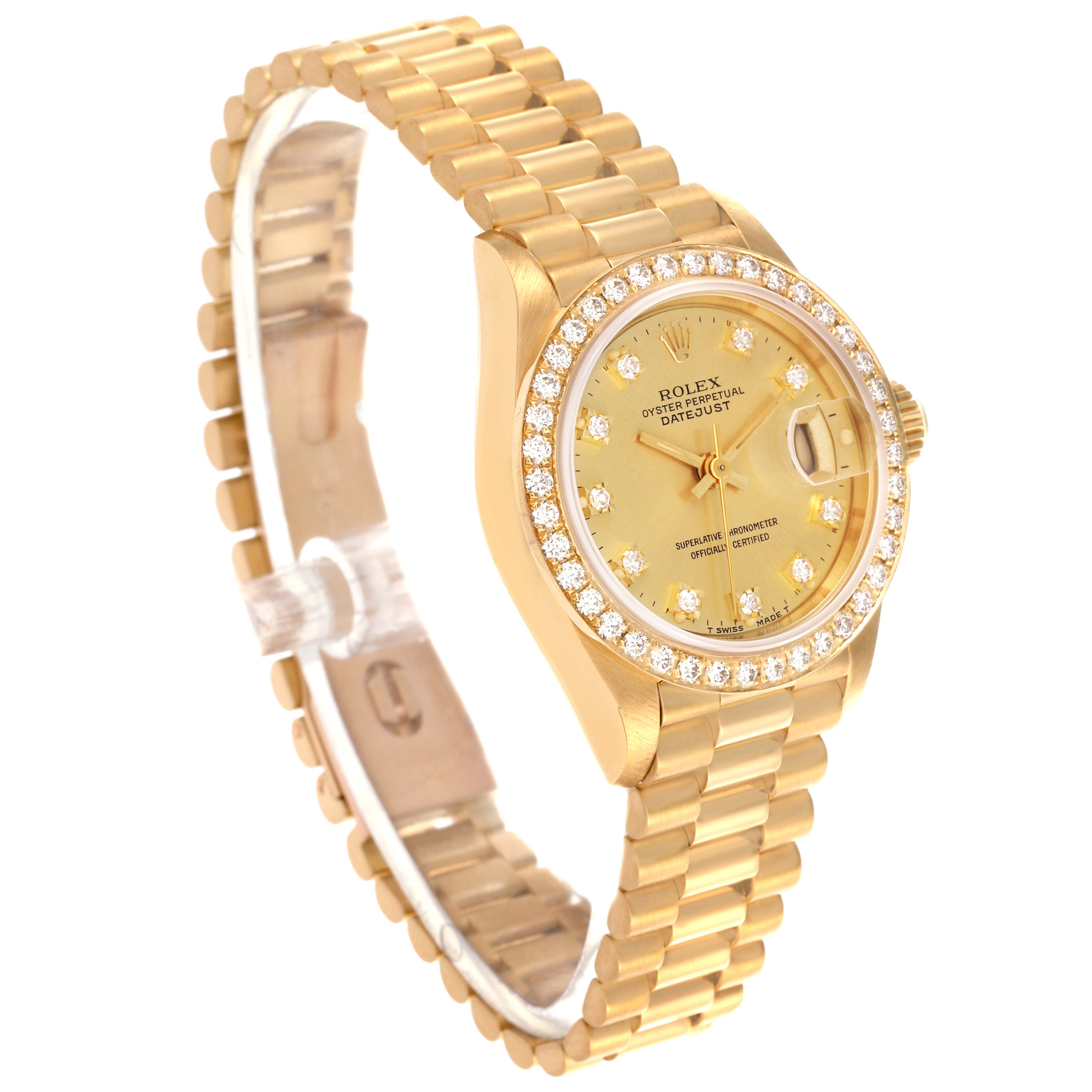 The Rolex President 69138 Women's Yellow Gold Champagne Dial 69138 Women's Yellow Gold Champagne Dial model watch is shown at a 3/4 angle, displaying the face, bezel, crown, and part of the bracelet.