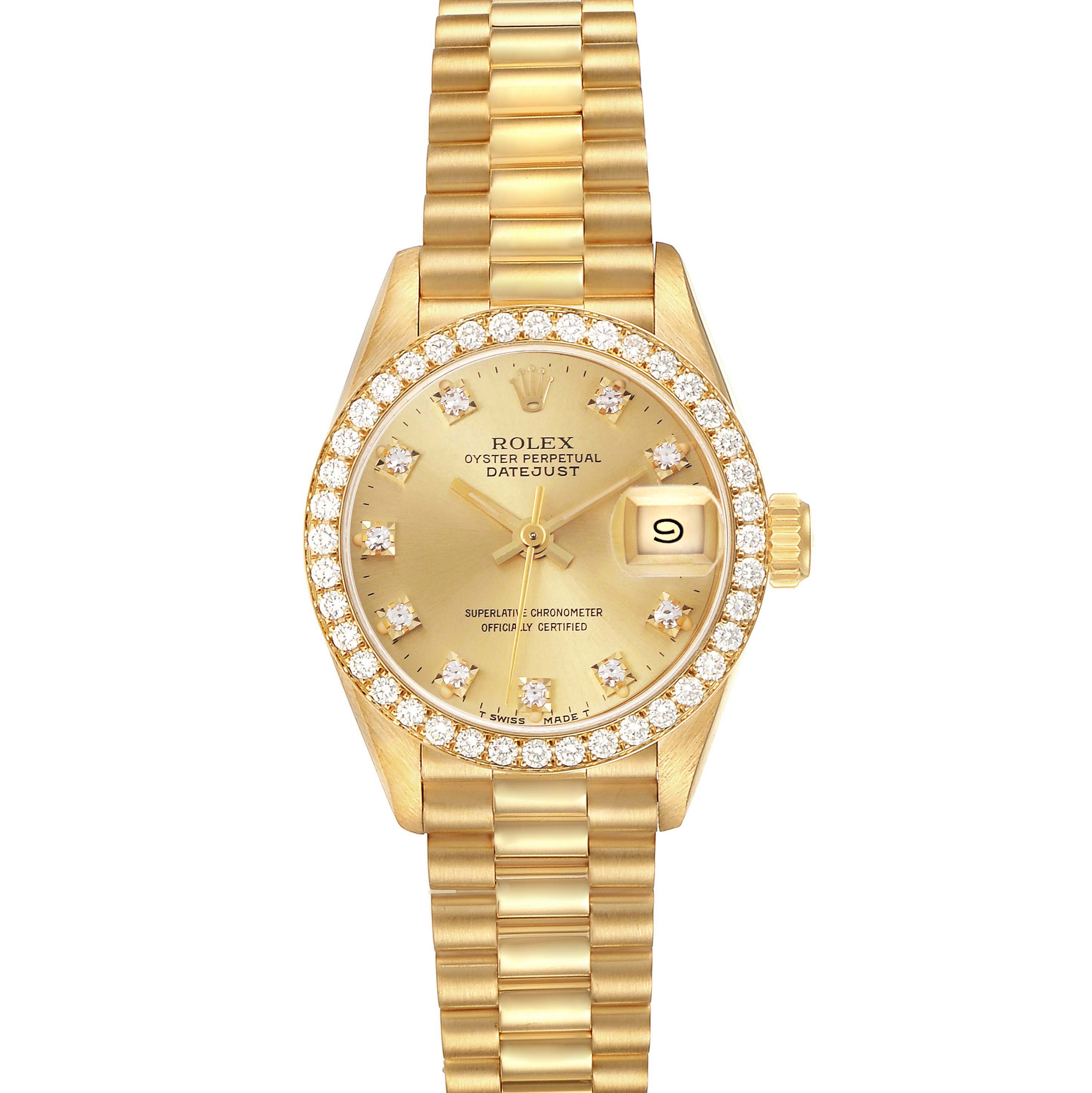 The Rolex President 69138 Women's Yellow Gold Champagne Dial 69138 Women's Yellow Gold Champagne Dial watch is shown from the front, highlighting its gold bracelet, diamond bezel, and dial with date window.
