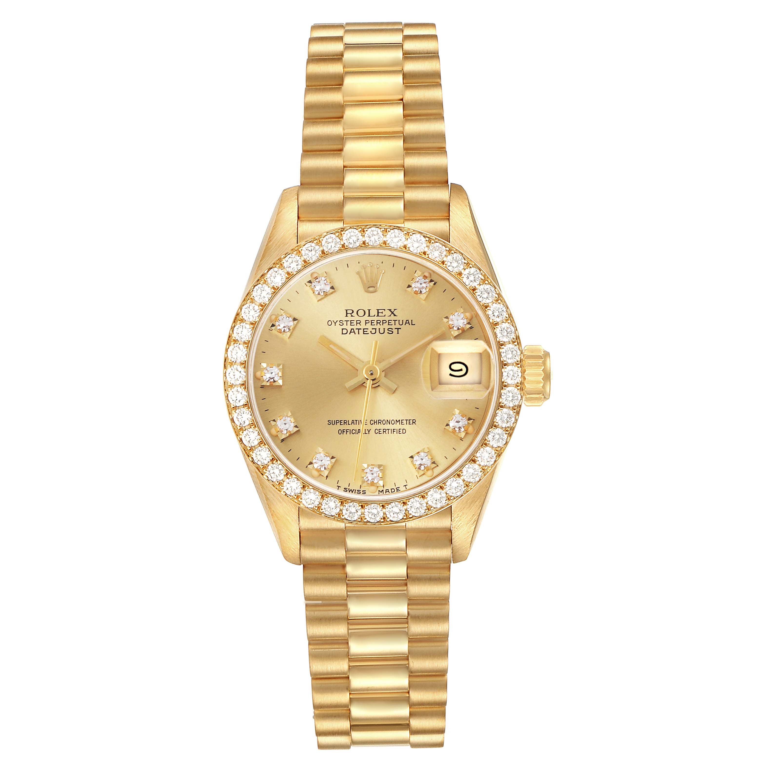 The Rolex President 69138 Women's Yellow Gold Champagne Dial 69138 Women's Yellow Gold Champagne Dial model is shown from a front angle, highlighting the dial, bracelet, and diamond-set bezel.