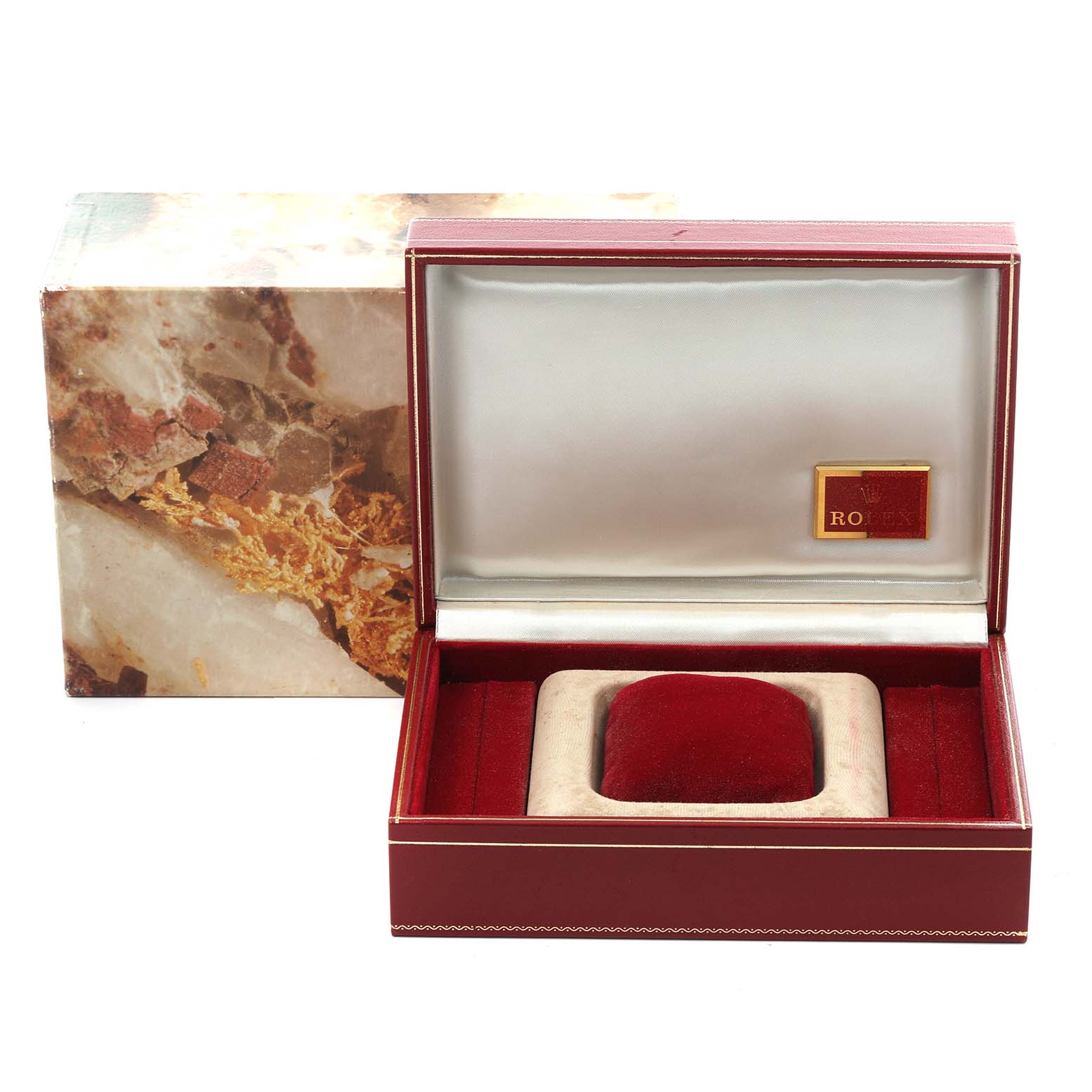 The image shows a box for the Rolex President 69138 Women's Yellow Gold Champagne Dial 69138 Women's Yellow Gold Champagne Dial model, with an open view displaying the interior lining and cushion.