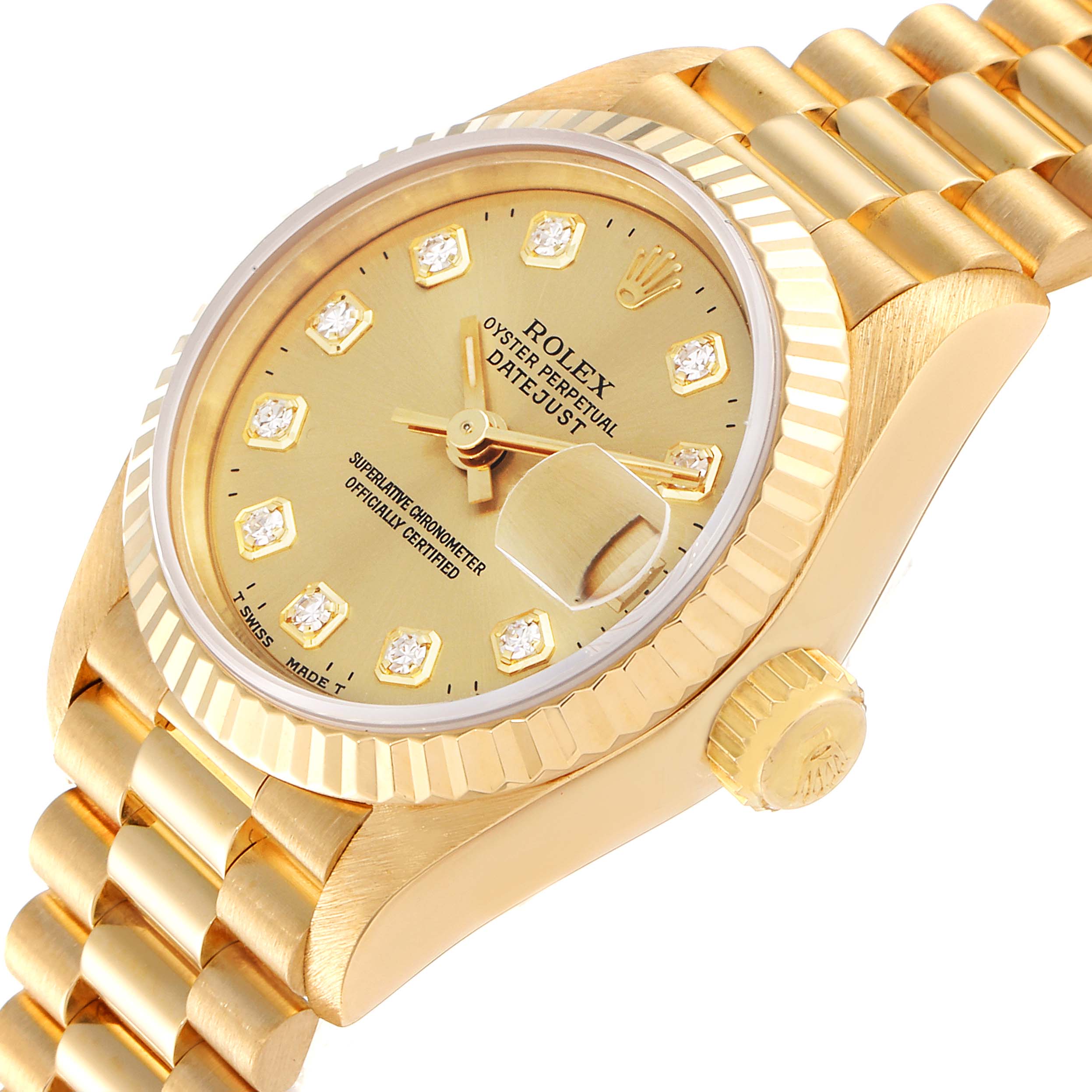 This image shows a close-up angle of the Rolex President 69178 Women
s Yellow Gold Champagne Dial 69178 Women
s Yellow Gold Champagne Dial watch, highlighting its gold case, diamond markers, crown, and part of the bracelet.