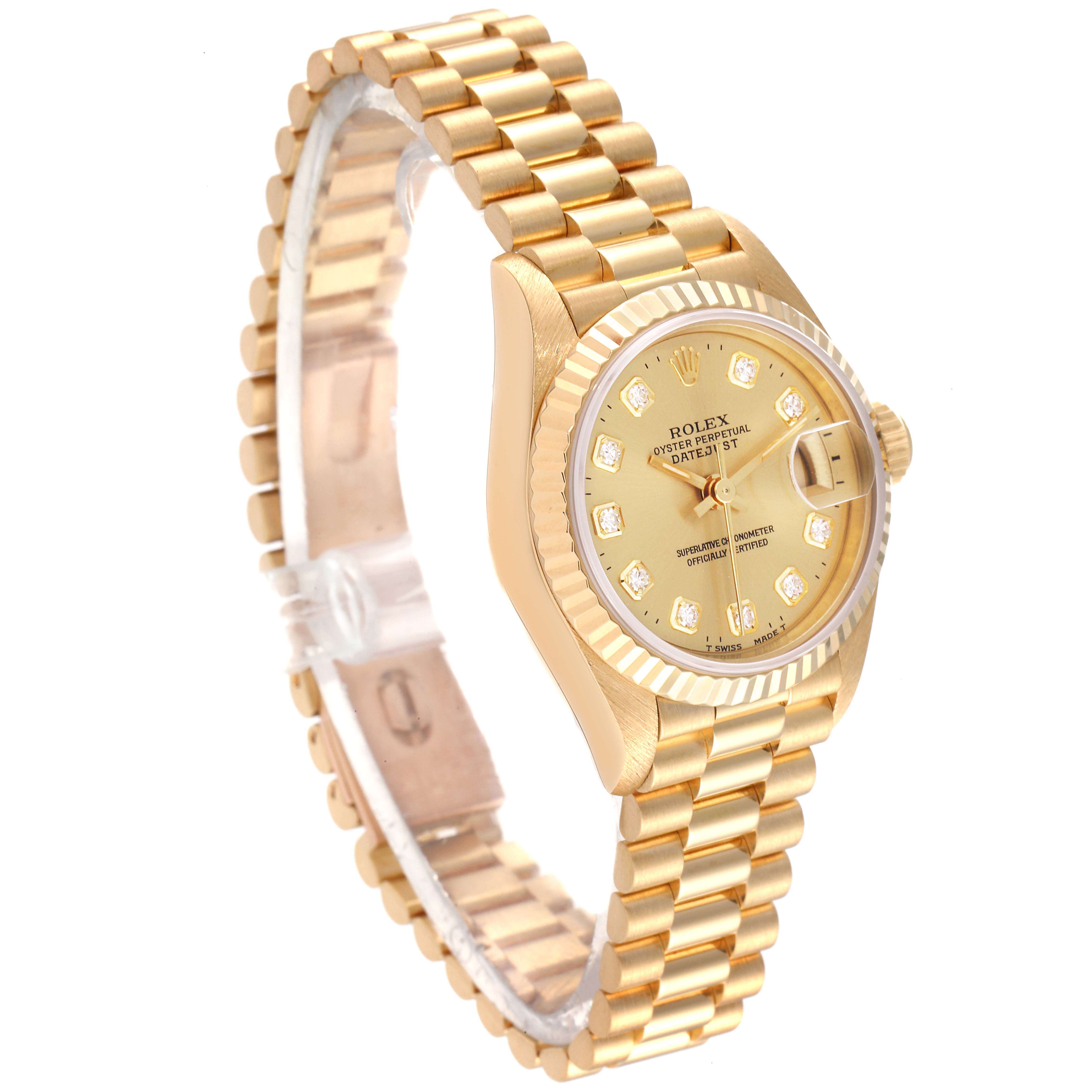 The image shows a Rolex President 69178 Women
s Yellow Gold Champagne Dial 69178 Women
s Yellow Gold Champagne Dial model watch at a three-quarter angle highlighting the dial, bezel, and bracelet.