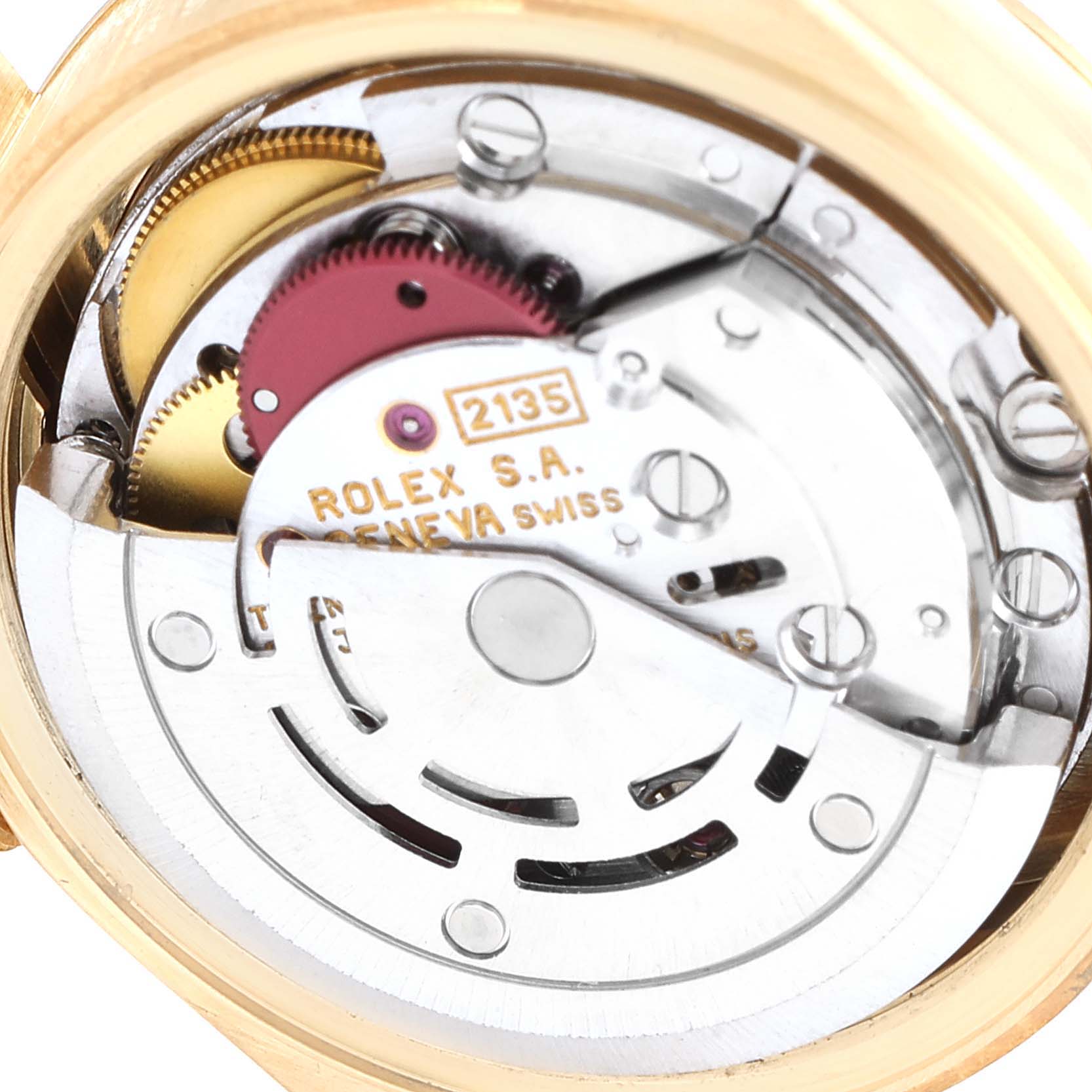 The image shows the internal mechanism and movement of the Rolex President 69178 Women
s Yellow Gold Champagne Dial 69178 Women
s Yellow Gold Champagne Dial model.
