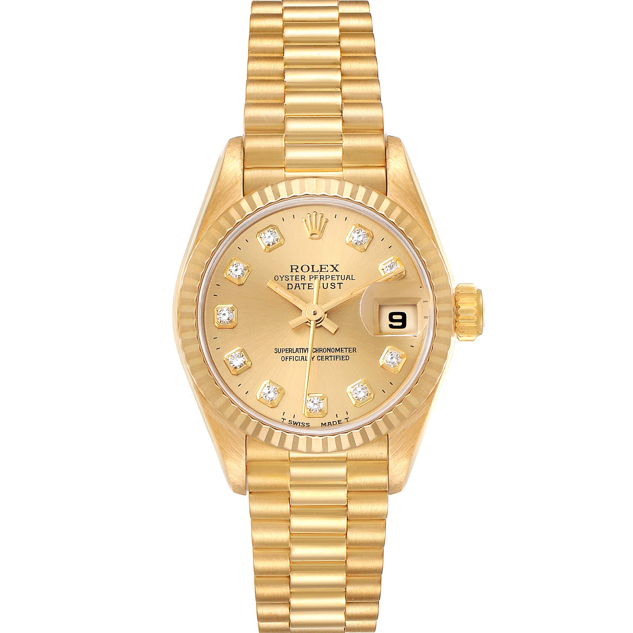 The image displays a frontal view of a Rolex President 69178 Women
s Yellow Gold Champagne Dial 69178 Women
s Yellow Gold Champagne Dial model watch, showcasing its gold band, dial with diamond hour markers, and date display.