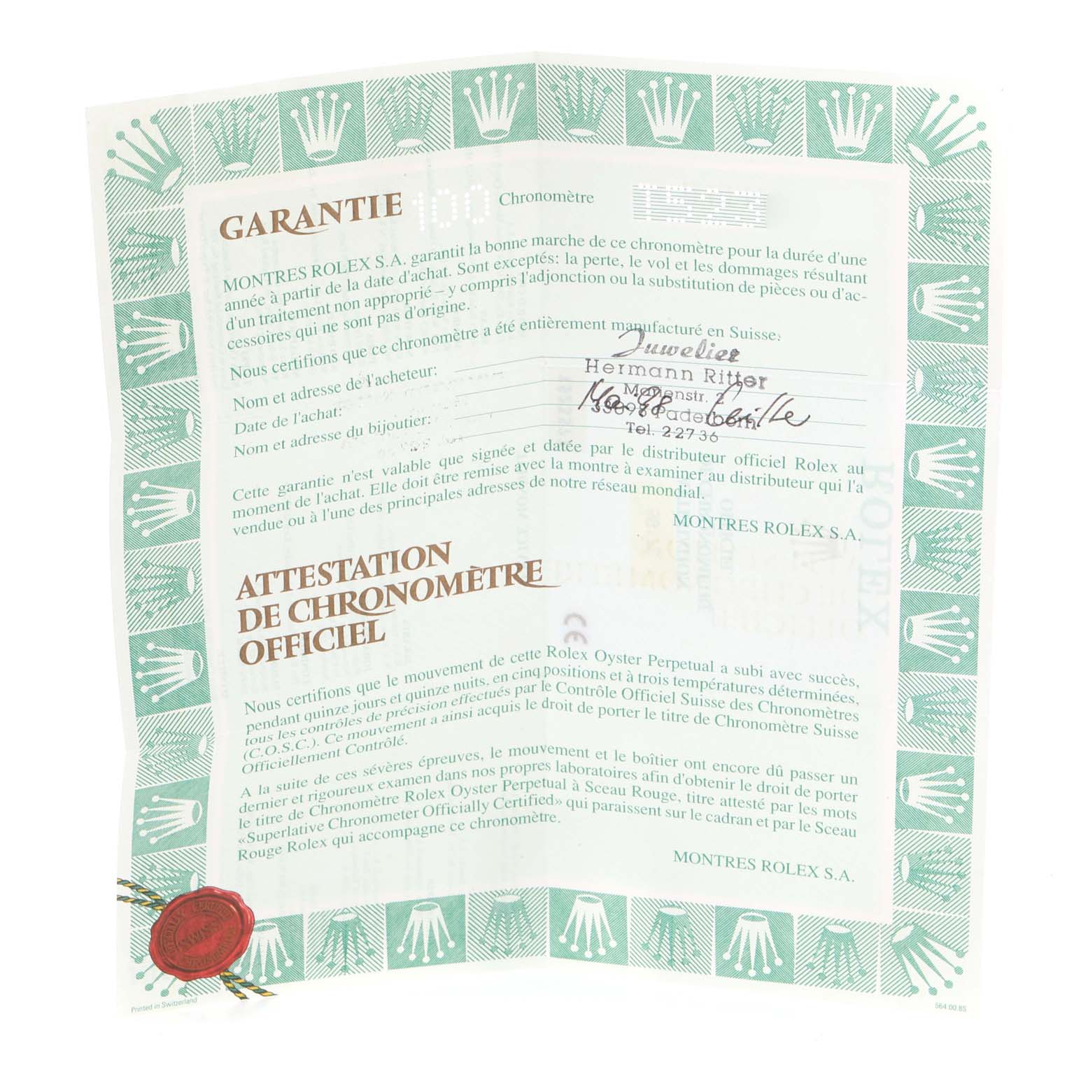 The image shows the official chronometer certificate and guarantee papers for a Rolex President 69178 Women
s Yellow Gold Champagne Dial 69178 Women
s Yellow Gold Champagne Dial model watch.